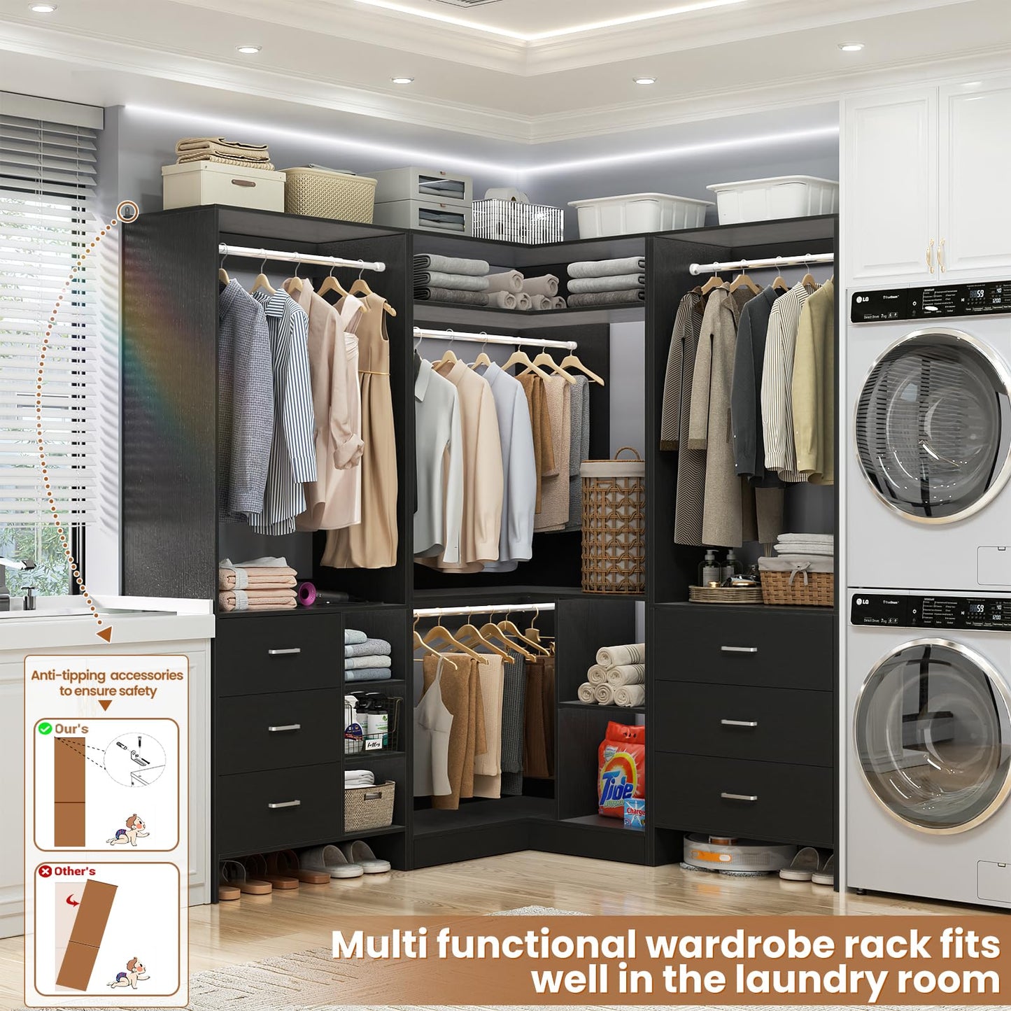 Aheaplus Closet System with 6 Drawers, 4.5ft Wood Closet Organizer System, Walk-in Closet or Small Closets Wardrobe, Clothes Rack with Hanging Rods, Set of 2 Black