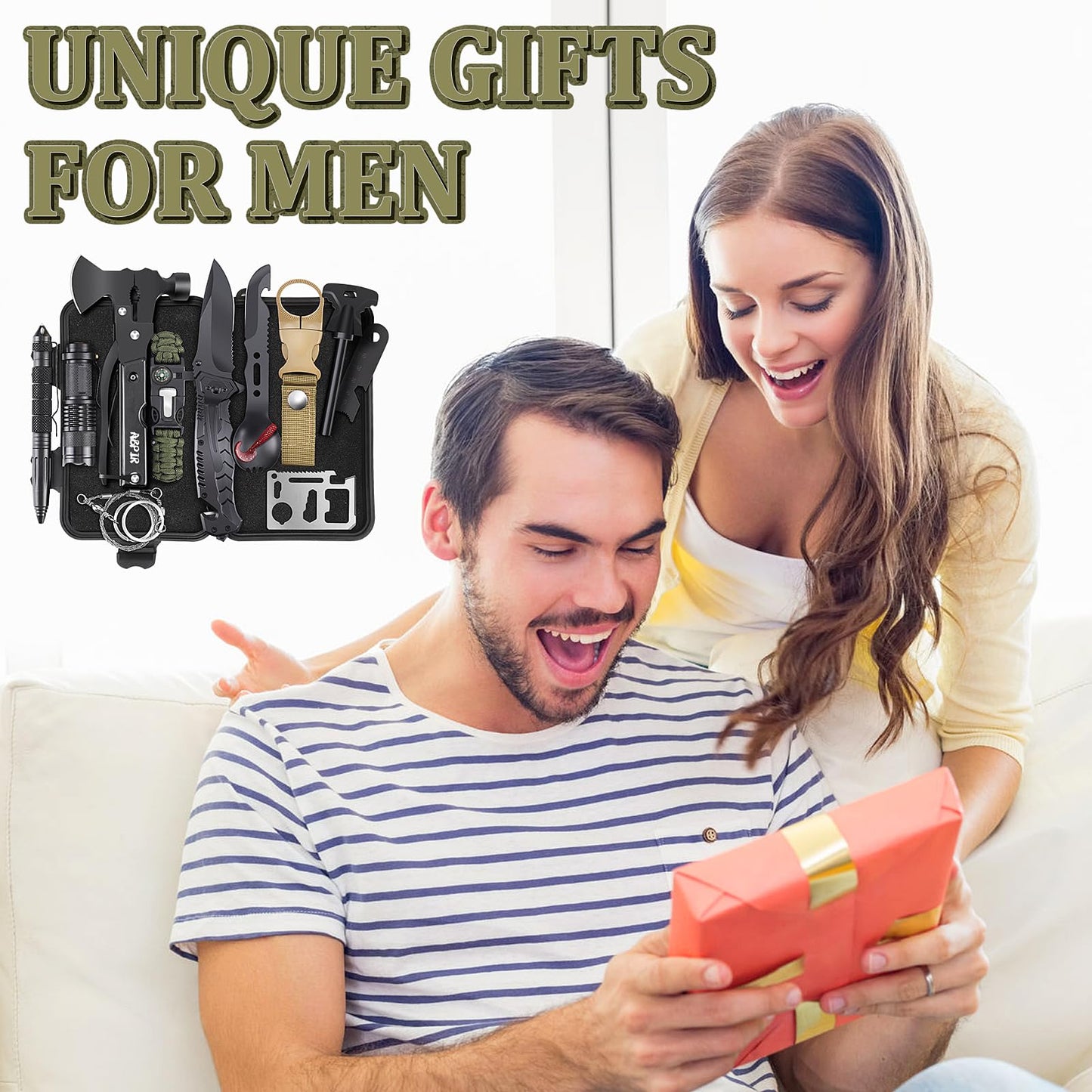 Gifts for Men Christmas Dad Husband Boyfriend Him, Survival Kits, 14 in 1 Survival Gear Camping Essentials Cool Gadgets for Camping Hiking Wilderness Adventures and Disaster Preparedness