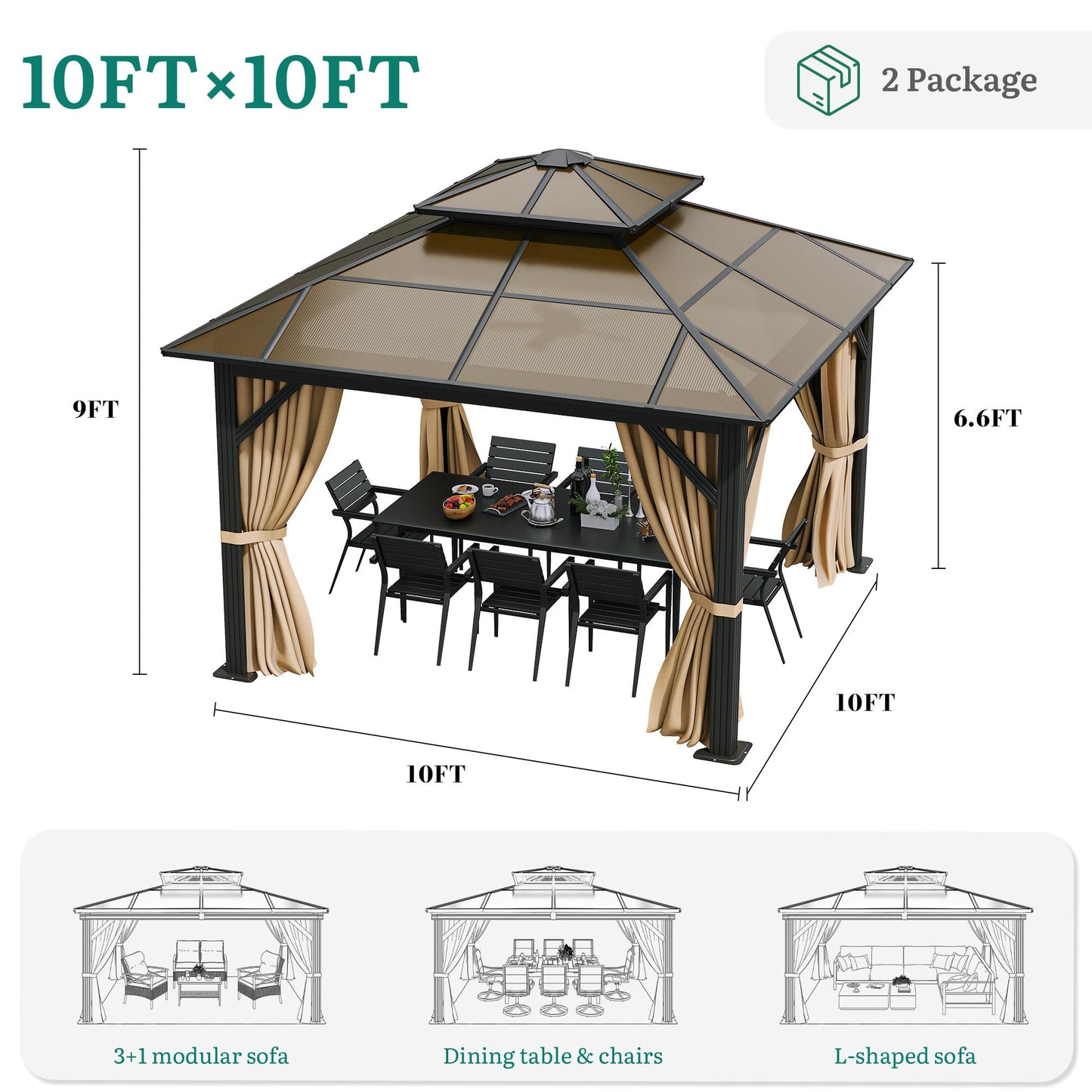 YITAHOME 10x10FT Gazebo Hard-Top Double Roof Canopy Outdoor with Netting and Shaded Curtains, Metal Frame Polycarbonate Hardtop Garden Tent for Patio, Backyard, Deck and Lawns, Brown