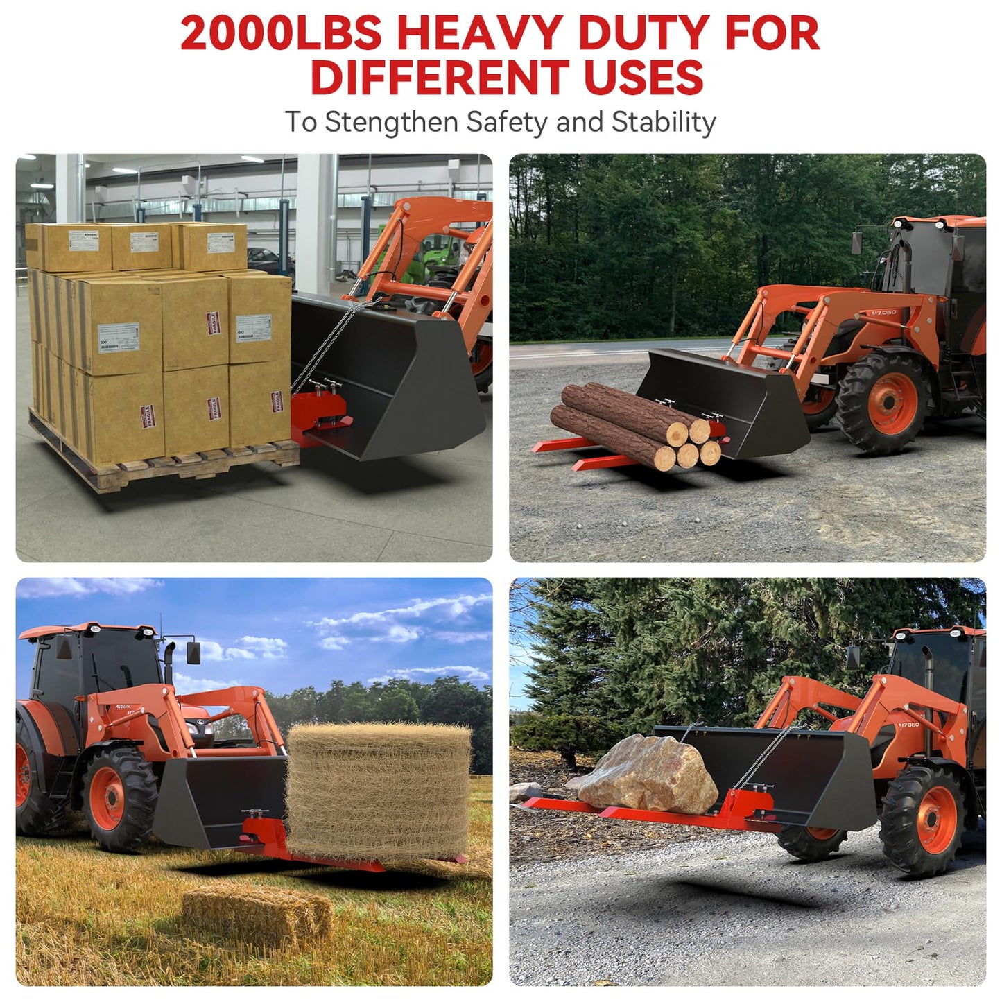Upgraded 43" Tractor Bucket Forks,Clamp on Pallet Forks with Anti-Slip Tongue 2000LBS,Twin Screw Design,Adjustable Stabilizer Bar,Heavy Duty Skid Steer Pallet Forks for Tractor Bucket Loader, Red