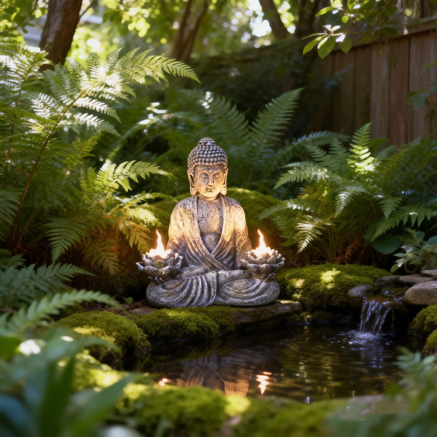 IVCOOLE Buddha Statue Zen Sculpture 11.4in Yoga Garden Decor with LED Solar Lotus Lights, Sitting Meditating Buddha Serene Resin Figurine for Patio Yard Lawn Ornaments,Inside or Outside