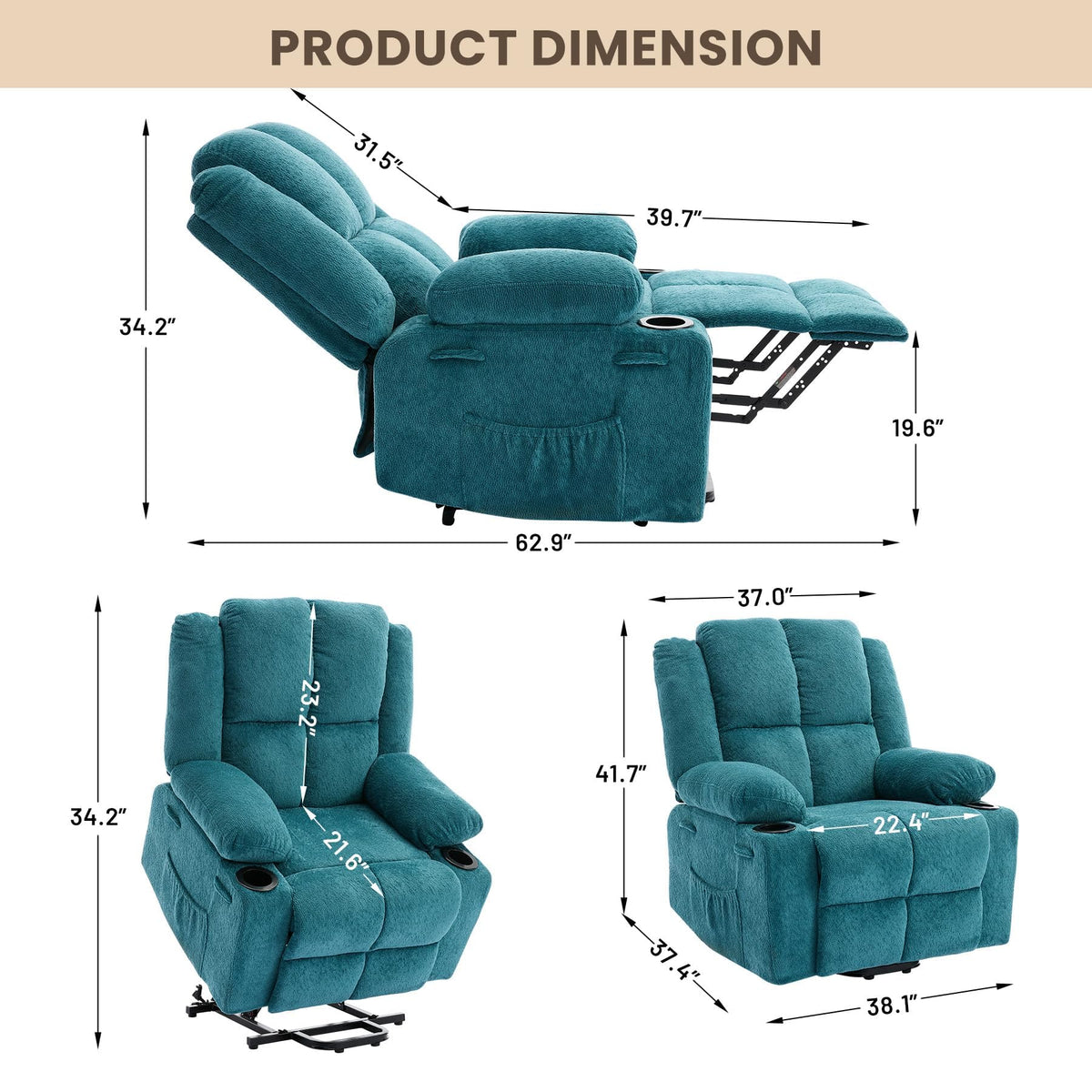 MilleLoom Oversized Power Lift Recliner Chair for Elderly with Vibration Massage and Lumbar Heating,150°Adjustable Lay Flat Lift Chair Electric Recliner Chairs,Stand Assist for Living Room,Blue