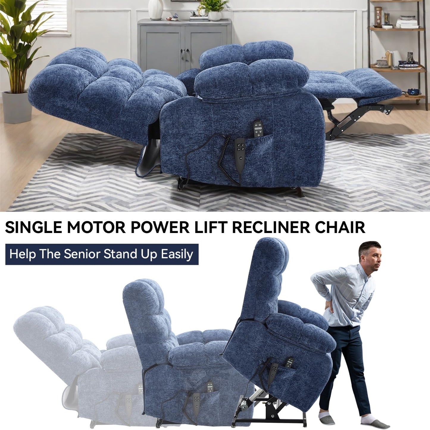 KEIKI Oversized Dual Motor Power Lift Recliner Chair for Elderly, Chenille Upholstery Breathable Rocking Chair with Back Massager and Heated, Cozy Family Room and Entertainment Hub, Blue