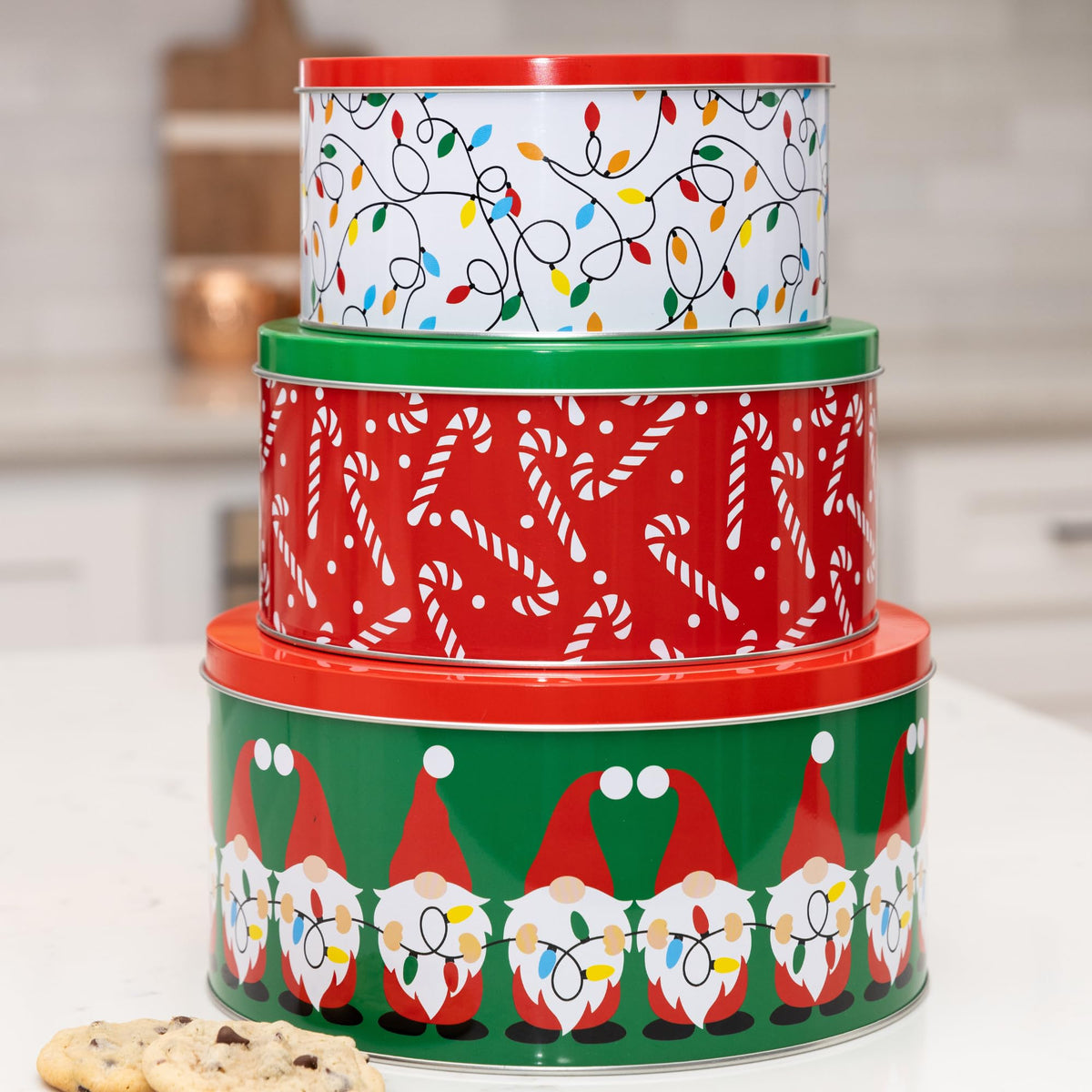 Steel Mill & Co Tin Containers with Lids, 3 Pack Christmas Cookie Tins, Festive Cookie Tins for Gift Giving & Holiday Treats, Round Metal Nesting Containers, Large Medium Small (Gnome)