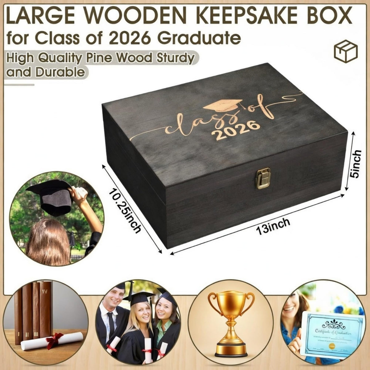 Geelin Graduation Keepsake Wooden Box Class of 2026 Graduation Cap Large Keepsake Box Graduate Wooden Engraving Memento Case for High School College Memory Gifts 13 x 10.5X 5inch(Black)