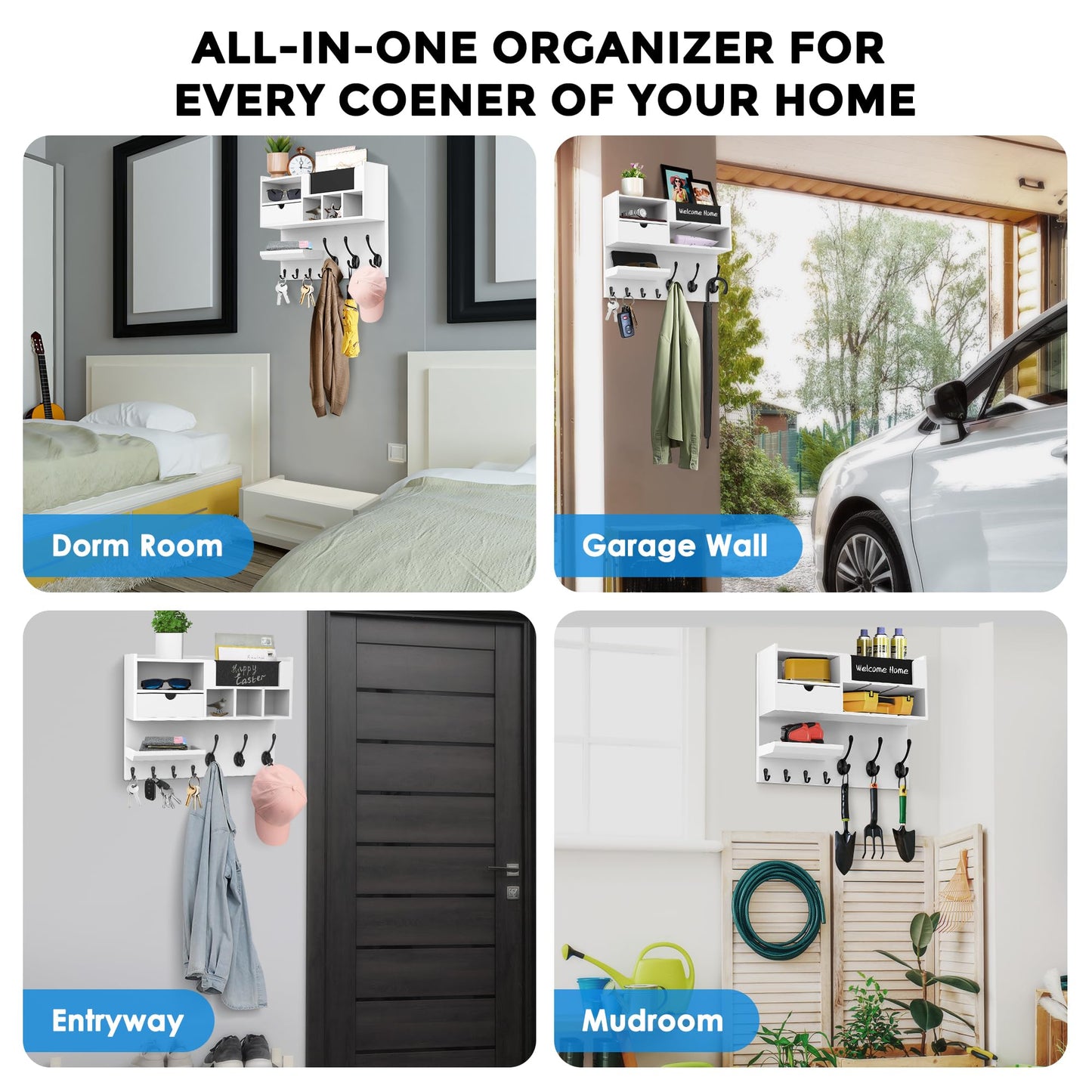 QooWare Key Holder Wall Mount with Mail Slot, Wall Key Holder with Chalkboard, Drawer & 7 Hooks, Key Hooks for Wall, Key Hanger Organizer for Entryway Keys Coats Bags, White Farmhouse