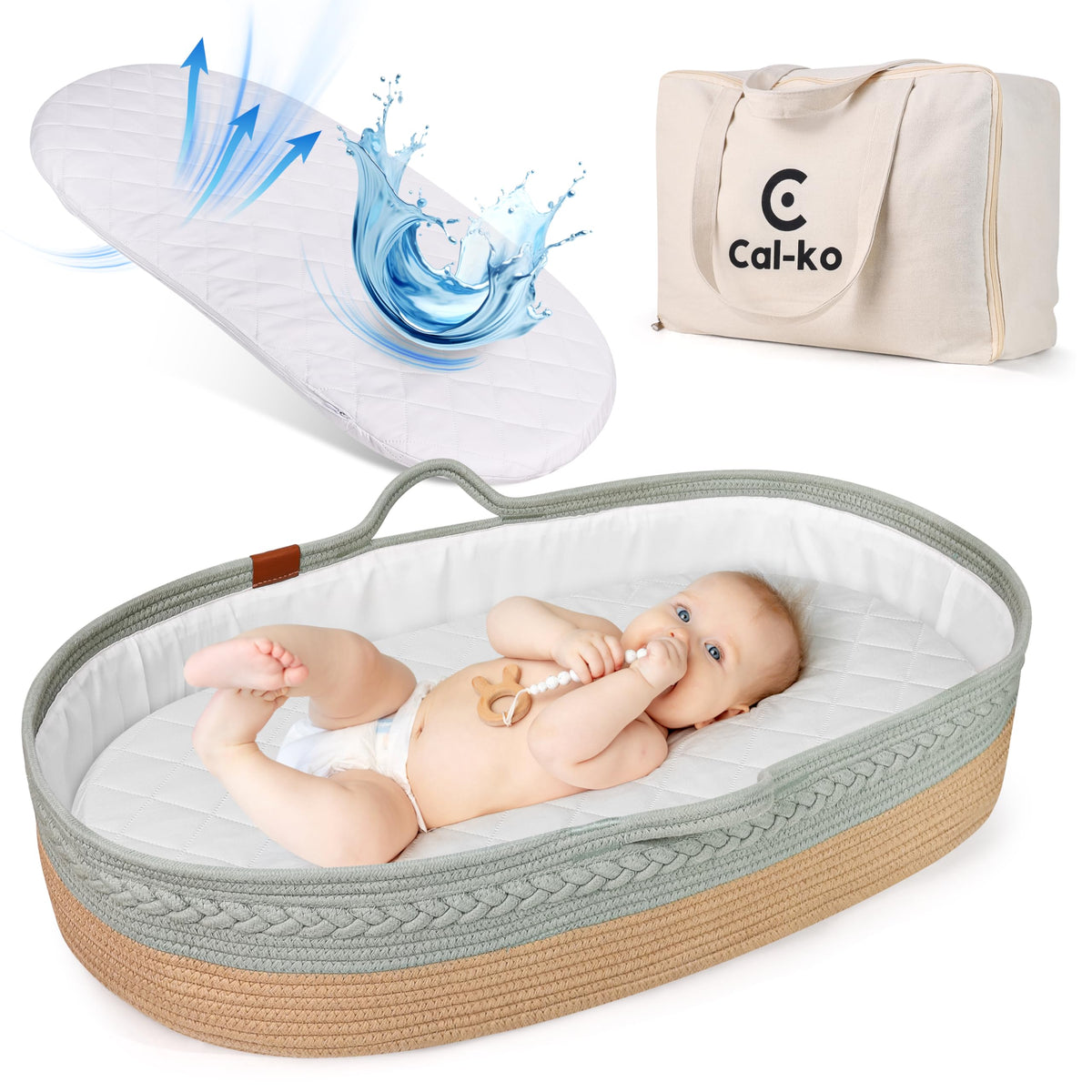 Cal-ko Moses Basket for Newborns – Baby Changing Basket with Waterproof Pad – Reinforced Mesh Sides – Includes Travel Case – Portable Diaper Basket for Dresser Top or Nursery Use (Cotton, Teal)