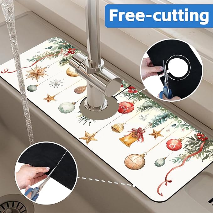 Christmas Star Balls Bells Kitchen Sink Splash Guard Mat Absorbent Fast Drying