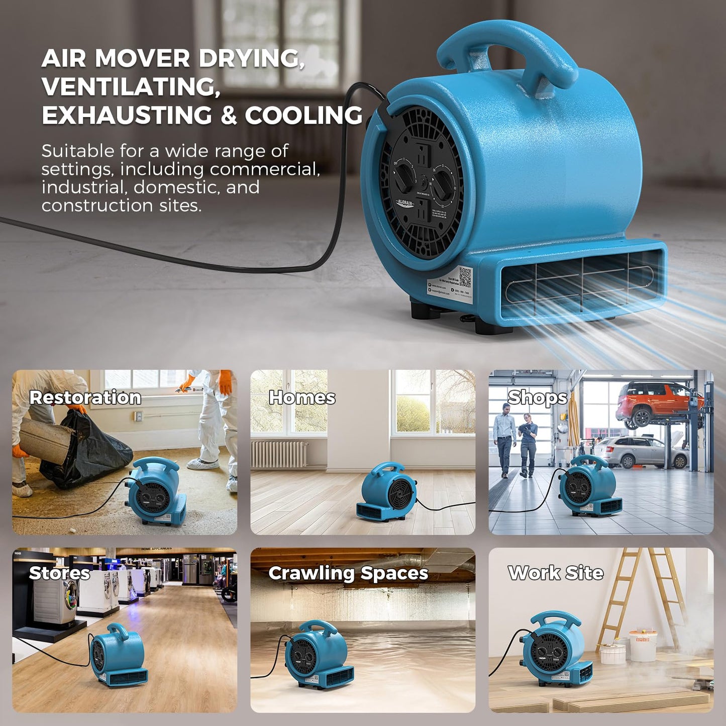 ALORAIR 1000 CFM Air Mover Blower Fan for Drying, Ventilating, Exhausting, Cooling, Utility Timer Fan with 3 Speeds, 5 Adjustable Angles, 10ft Long Cord for Home, Industrial, Commercial Use - GE1000AT