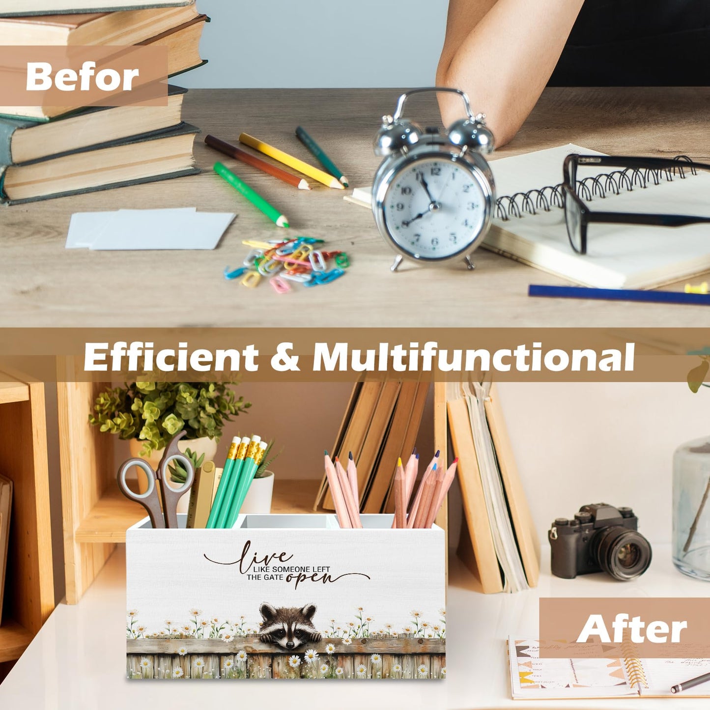 DILSJ Raccoon Inspirational Pen Pencil Holder Organizer For Desk, Raccoon Gifts, Rustic Floral Live Like Someone Left The Gate Open Wooden Box Signs For Home Office Desk Tabletop Decoration