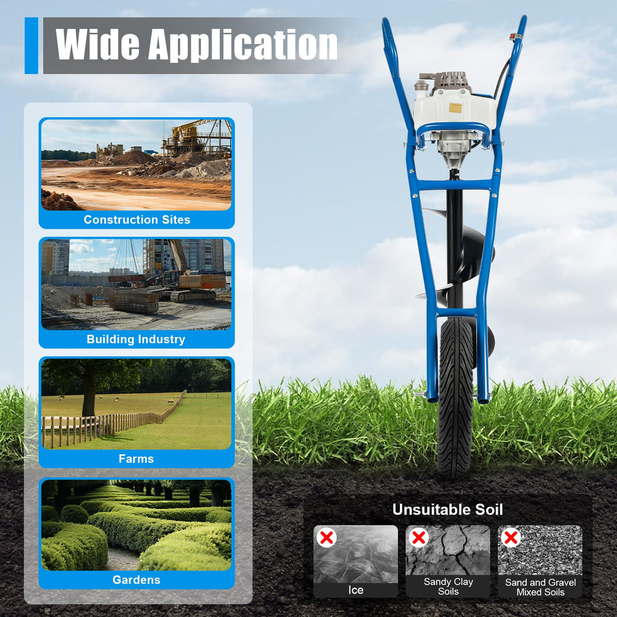63CC 2-Stroke Post Hole Digger, 3HP Gas Powered Earth Auger Borer Ground Drill Gasoline Earth Auger Wheelbarrow with 11" Bit for Fence Ground Drill Garden Tree Planting (Blue)