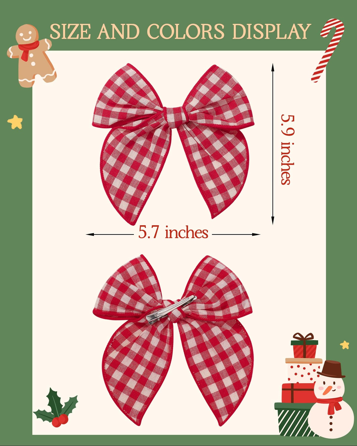 doboi 8PCS 5.5" Christmas Baby Girls Hair Clips Fable Hair Bows Cotton Linen Bows for Girls Gingham Hair Accessories for Baby Toddlers Kids
