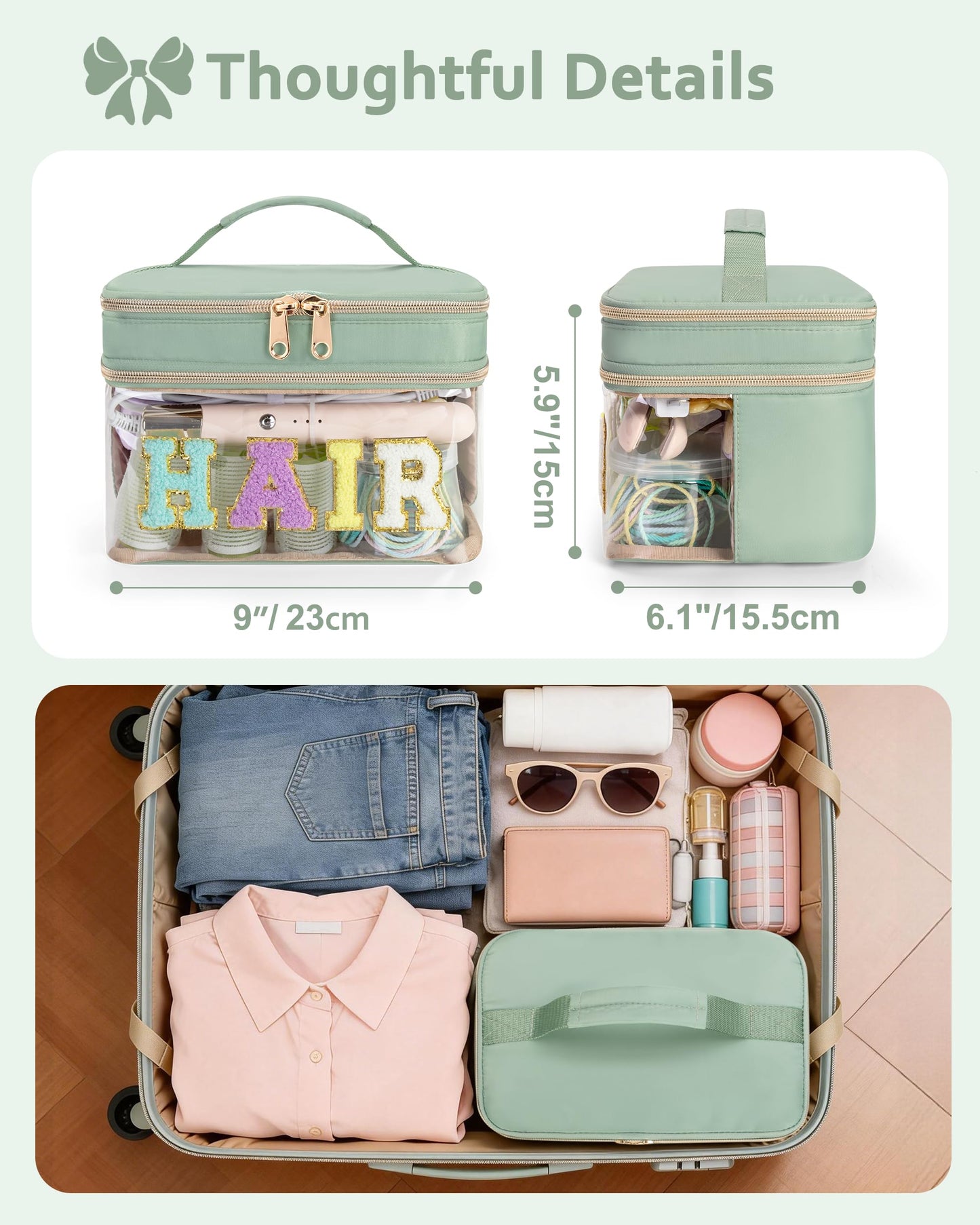 Fasrom Double Layer Hair Accessories Organizer, Preppy Patch Makeup Bag with HAIR Chenille Letter, Portable Travel Cosmetic Pouch Clear Toiletry Case for Women Girl, Green(Bag Only, Patent Design)