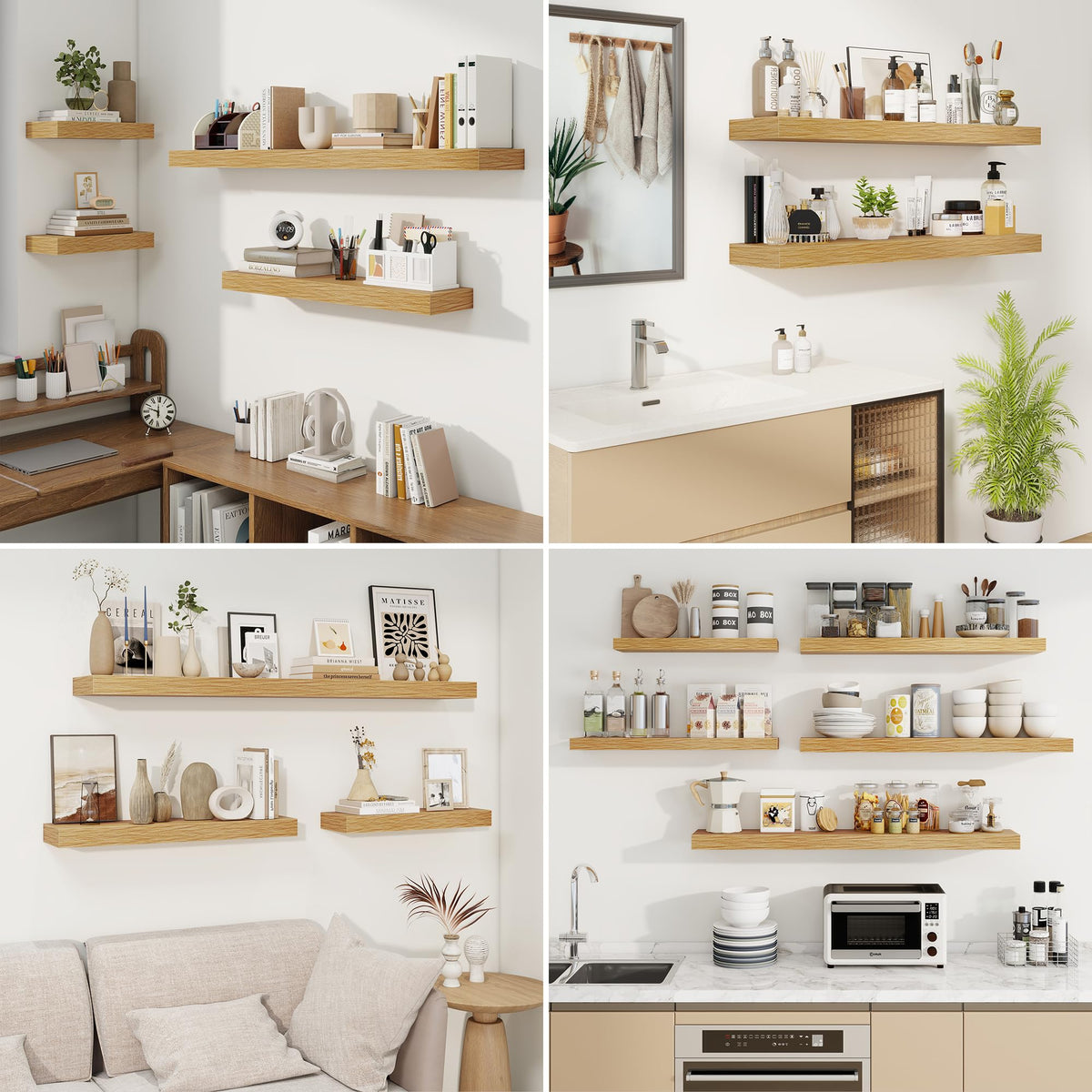 fuqing Floating Shelves for Wall, Wall Mounted Wood Floating Shelf with Invisible Brackets for Living Room, Bathroom, Bedroom, Kitchen Storage and Decor,6.5 Inch Set of 3, Oak