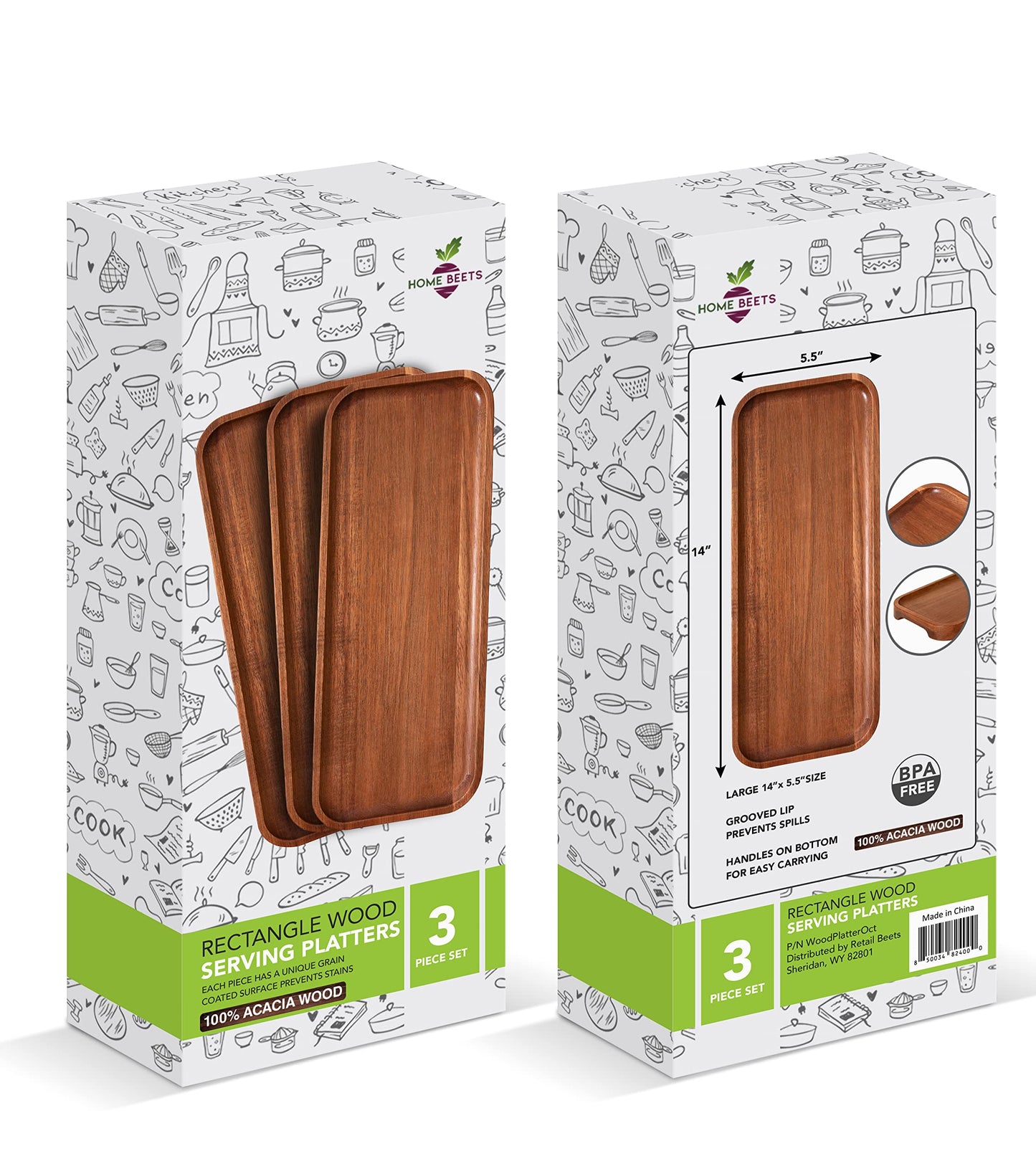 Solid Acacia Wood Serving Trays (14 x 5.5 inches) Rectangular Wooden Large Serving Platters for Food, Wooden Platter for Charcuterie, Appetizer Serving Tray, Wood Cheese Board (Set of 3 Plates)