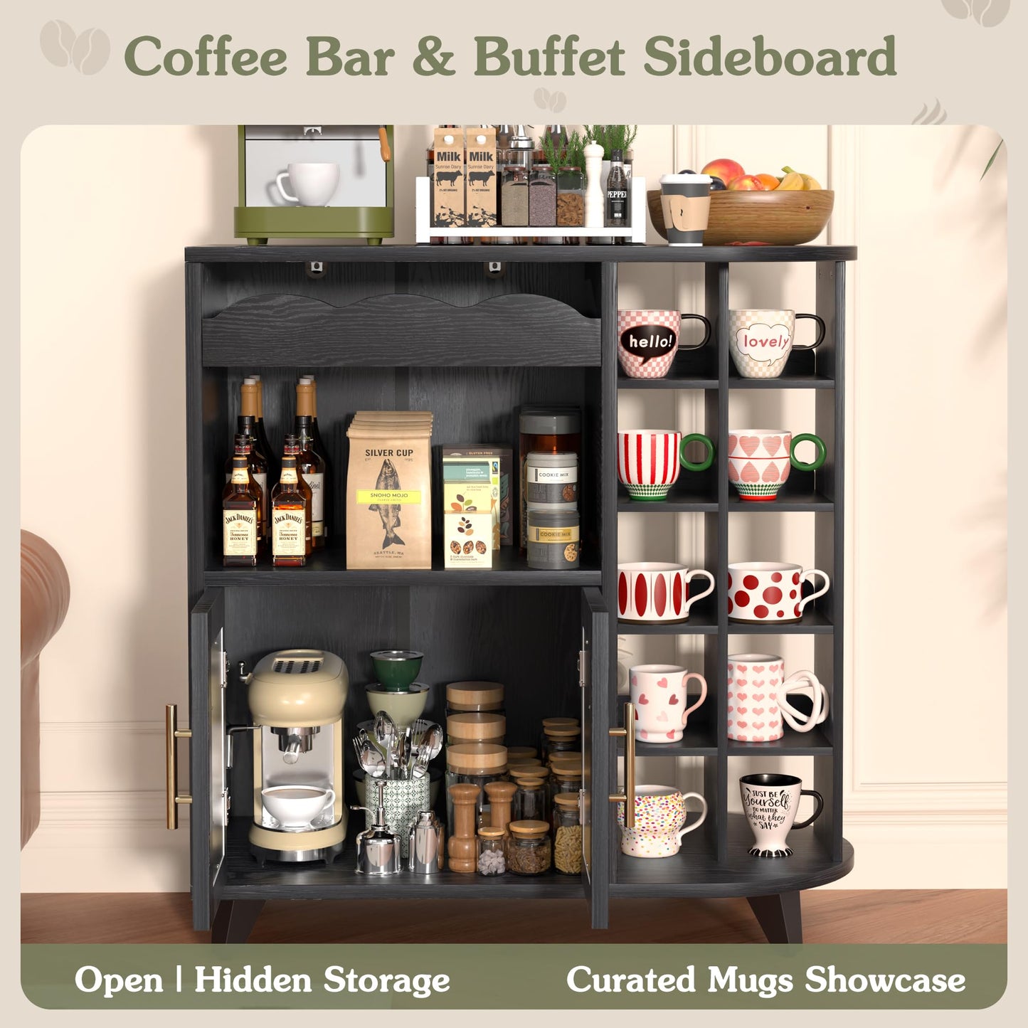 VINAEMO Coffee Bar Cabinet with 24-Cup Display, Large Drawer & Storage,Modern Buffet Sideboard for Kitchen, Medium Wooden Bar Station for Apartment๏ผBlack