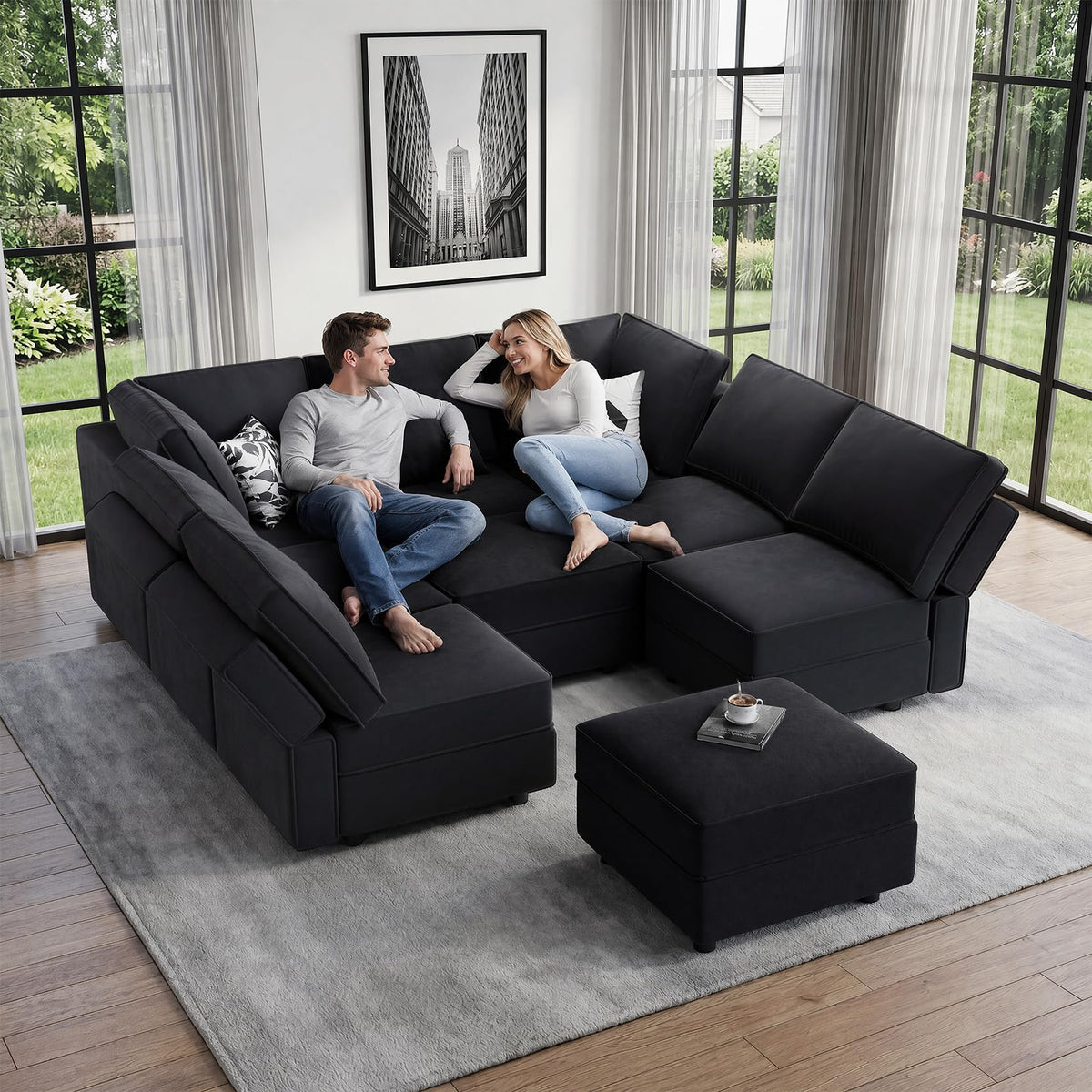 Vesgantti Modular Sofa Bed with Storage, 92" Sleeper Sofas with 9 Seats Storage Chaises Removable Cover, Luxury Large Velvet Sectional Couch Set for Living Room, Apartment, Home Theater, Black