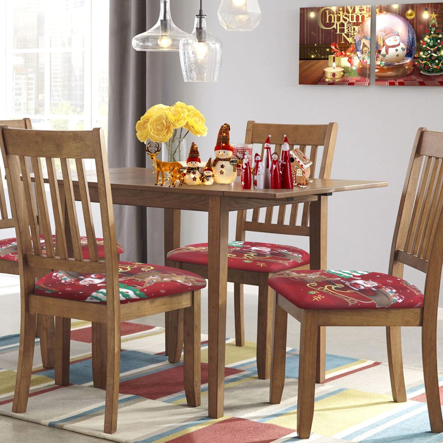 SearchI 6 Pack Christmas Seat Covers for Dining Room Chairs Stretch Printed Xmas Chair Seat Covers, Removable Upholstered Chair Seat Protector for Christmas Decoration, Kitchen, Office (Santa+elk)