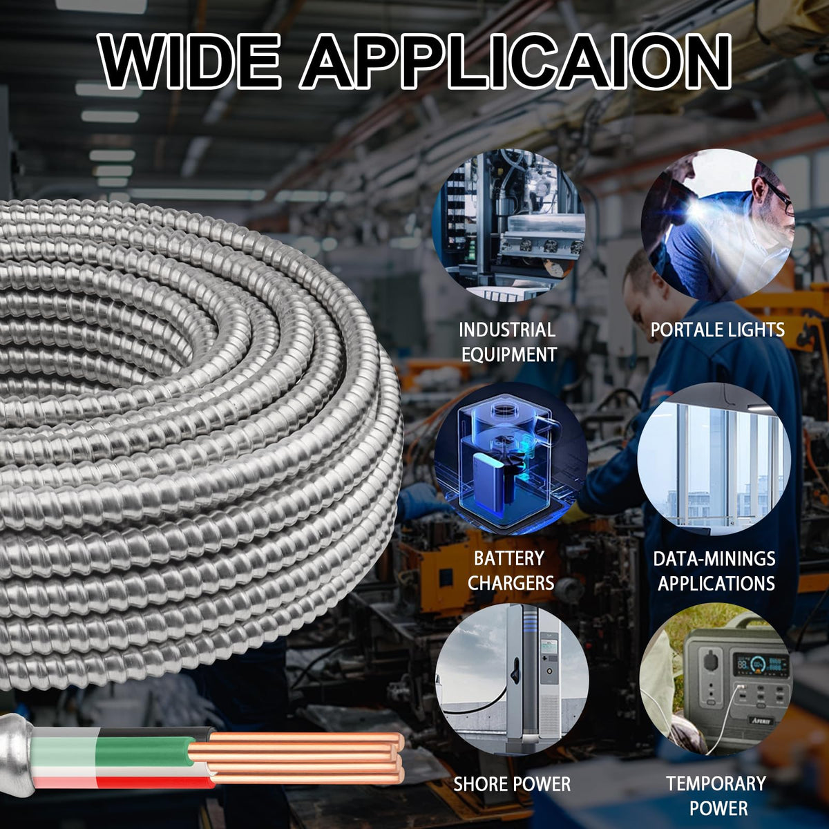 10/3 Metal Clad (MC) Cable with Ground 125ft, 10 Gauge Electric Wire with Aluminum Armor, Solid Bare Copper Conductors for Indoor Outdoor Underground Embedded Installation (10/3, 125 ft)