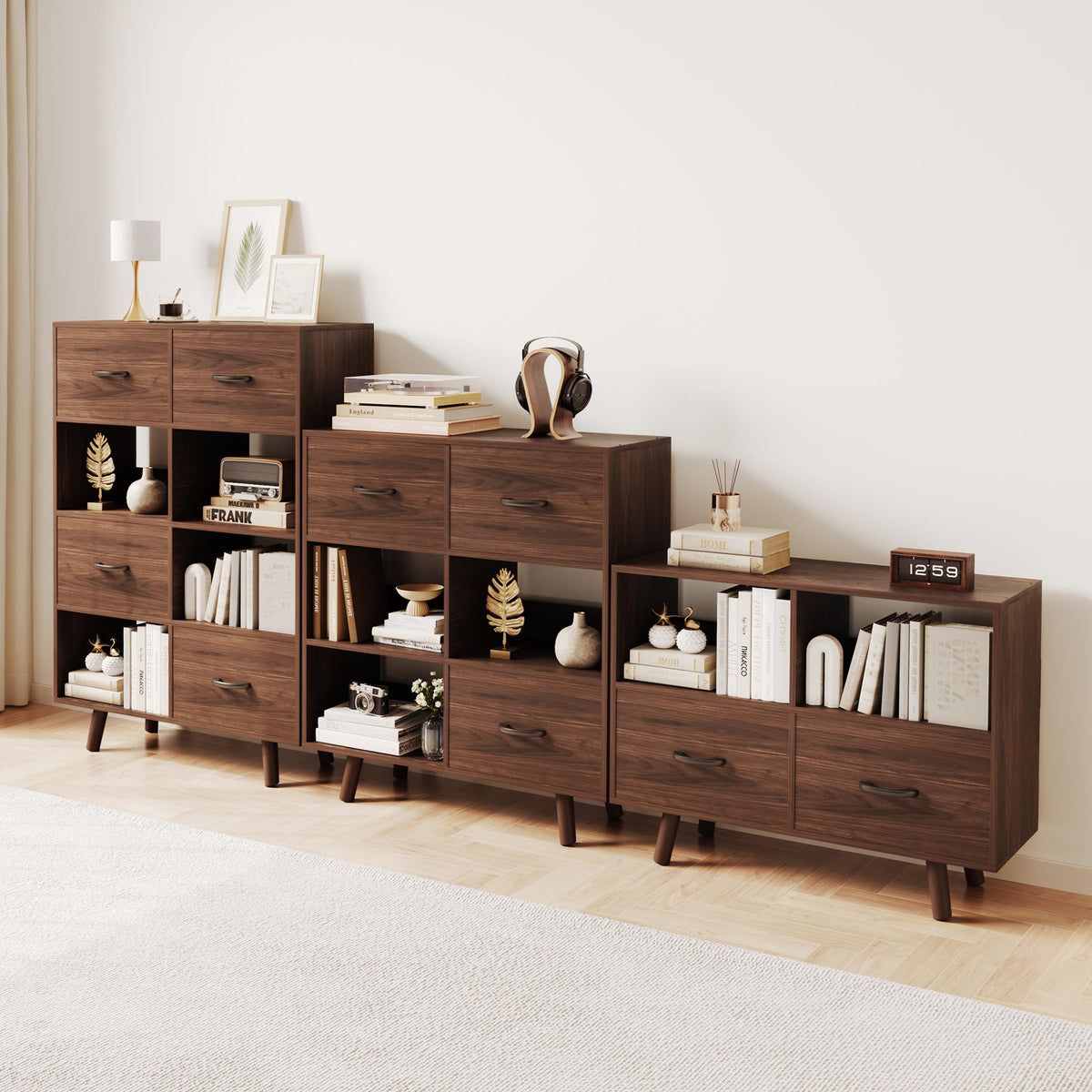 ELYUP Bookcase with Fabric Storage Bins - 8 Cube Organizer Display Bookshelf for Home Office, Walnut