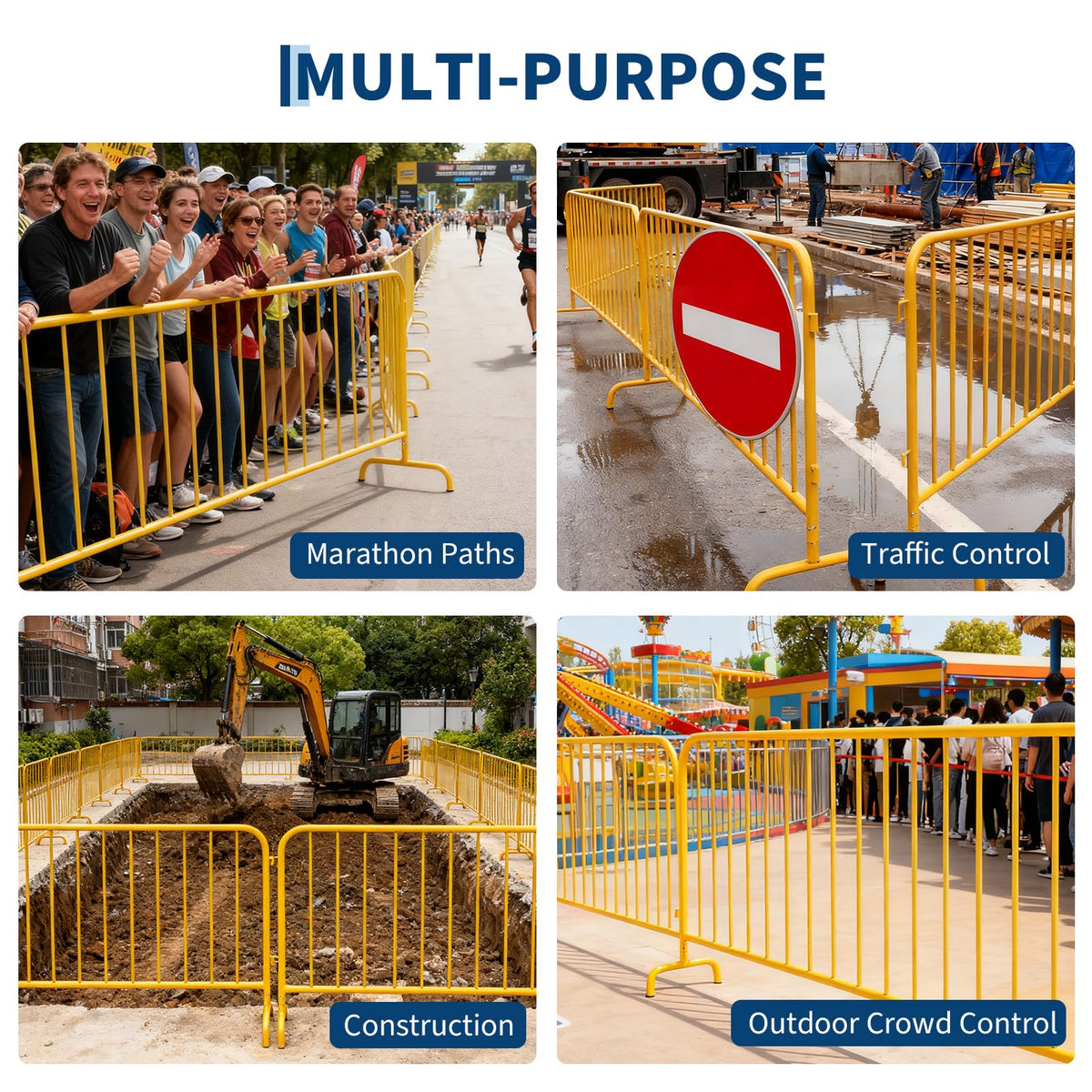Garvee Interlocking Steel Barricade, 8.5 Ft. Heavy Duty Galvanized Metal Barricade, Interlocking Steel Road Barriers with with Bridge Feet Base, for Crowd Control Event Fencing Indoor/Outdoor, Yellow