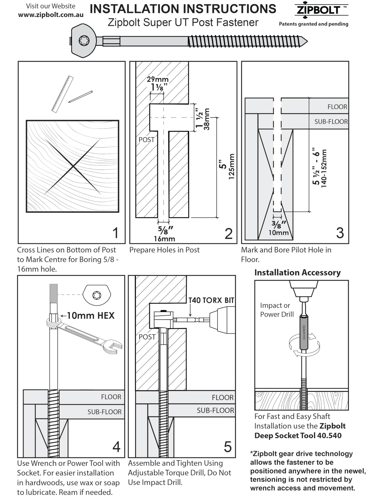 Zipbolt 14.100 Super UT Newel Post Fastener Bulk Pack — Quick and Easy Wrench-Free Installation of Staircase Newel Posts, Anchors Post Directly to Wood or Concrete Floor