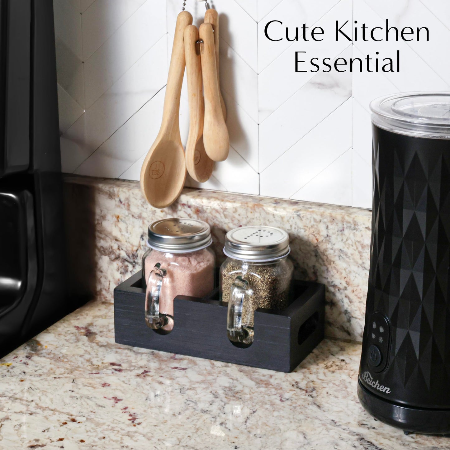 Mason Jar Salt and Pepper Shakers - Glass Shaker Set with Wood Holder Caddy, Easy to Clean & Refill for Farmhouse Kitchen Table, Home and Gifts (Black)