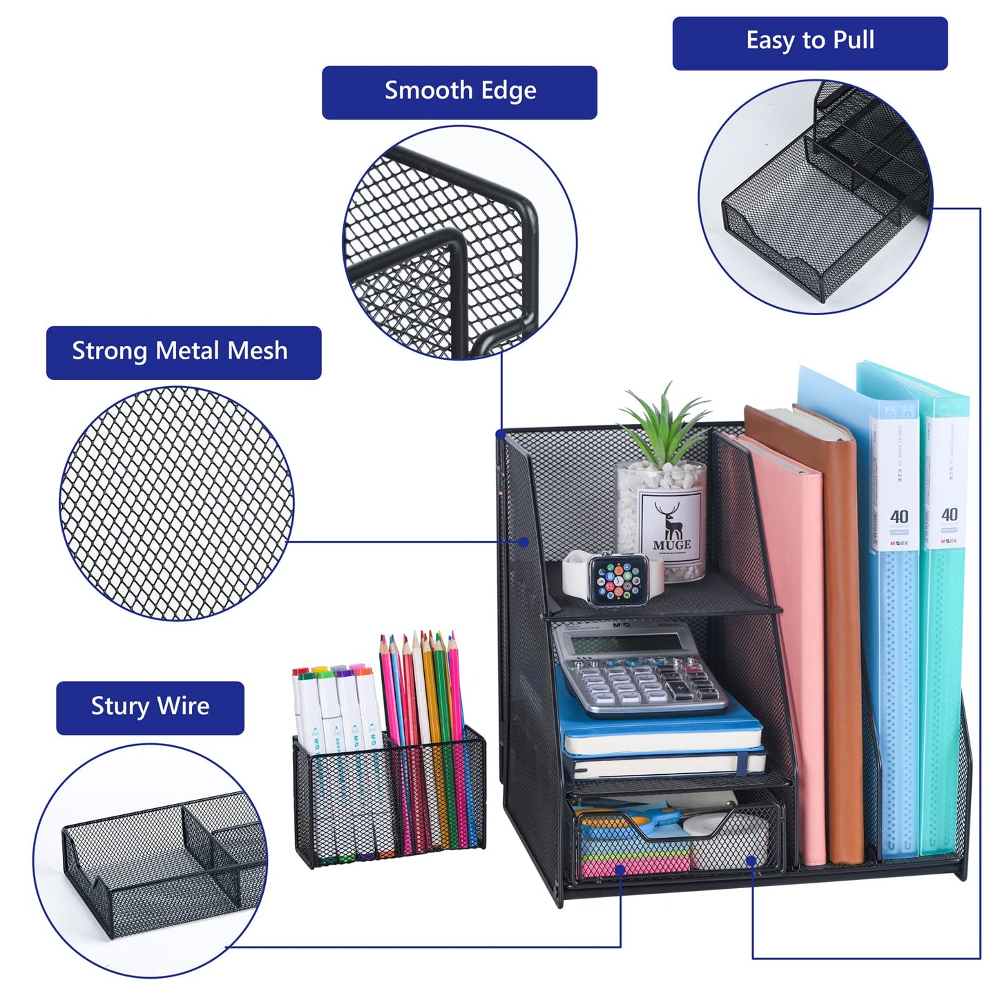 Desk Organizer, File Organizer for Desk with 2-Tier Paper Letter Tray, Drawer and 2 Pen Holder, Mesh Desktop Organization with Magazine Holder for Office Supplies