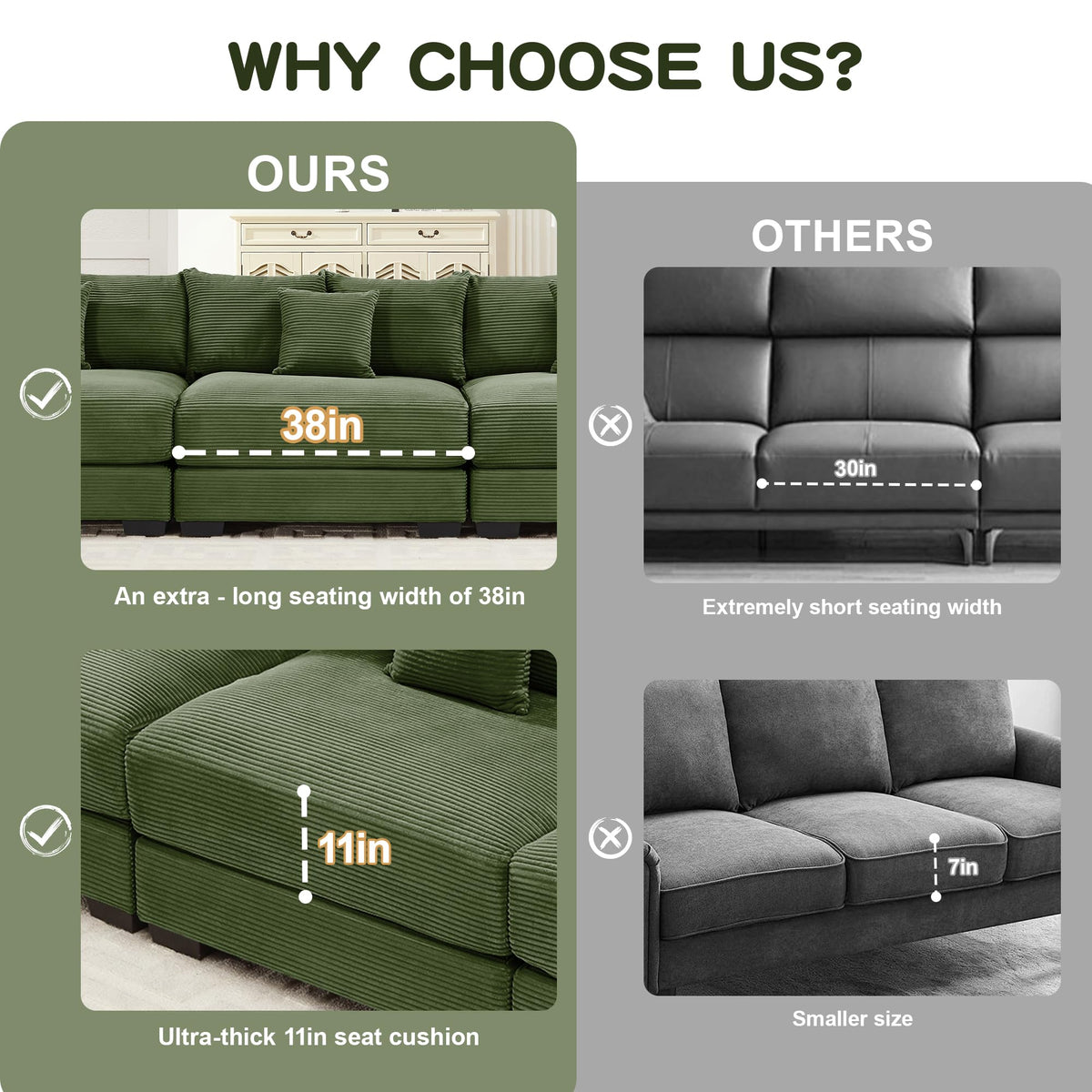 KEIKI 83" L-Shaped Oversized Corduroy Modular Sectional Loveseat Sofa with 1 Ottoman, High-Density Foam Cushion, Extra-Thick Armrest, 2-Seater Fluffy Corner Couch with 6 Pillow, for Living Room, Green