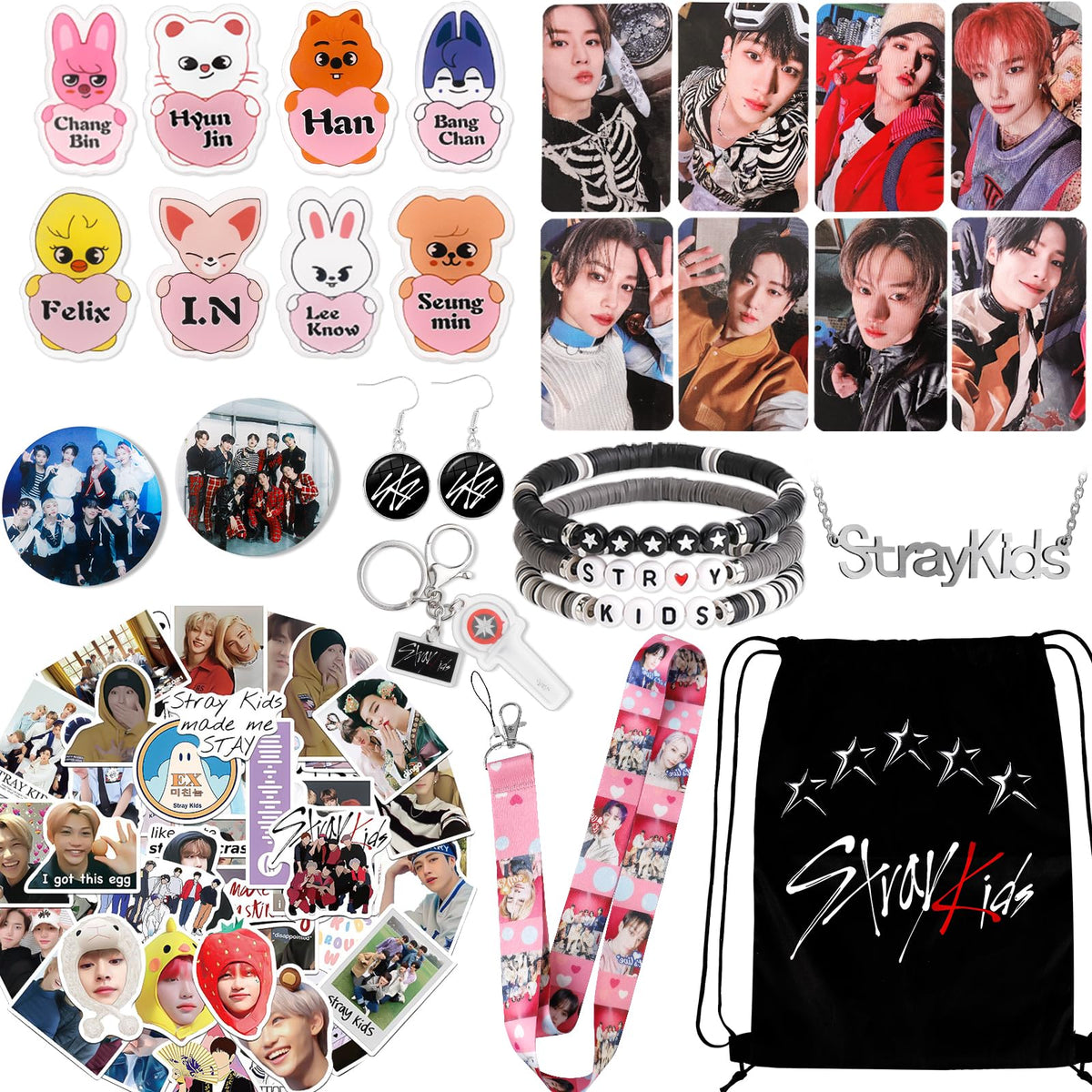 Japior Stray Kids Gifts Set,Including Drawstring Bag, 8 Cartoon Badges,50 Stickers,8 Photocards,3 Themed Bracelets, Necklace,Earrings, Keychain,Straykids Lanyards for Fans