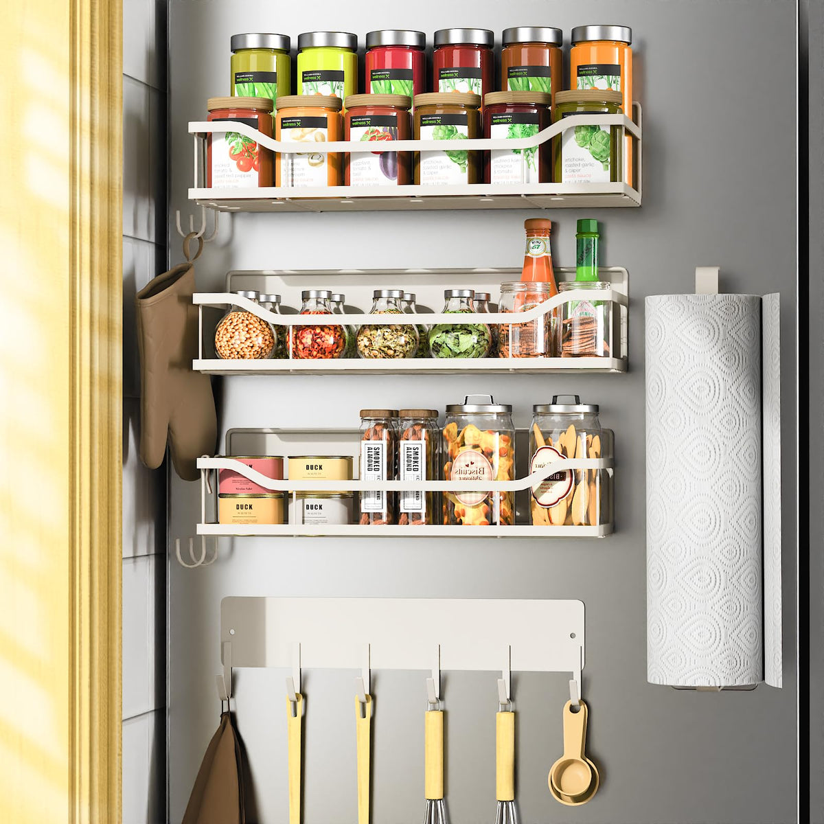 5 Pack Multifunctional Magnetic Shelves for Refrigerator Spice Rack & Washing Machine Organize, Include Paper Towel Holder, Kitchen Utensil Hanger and Hooks, Strong Magnet for Secure Hold (Cream)