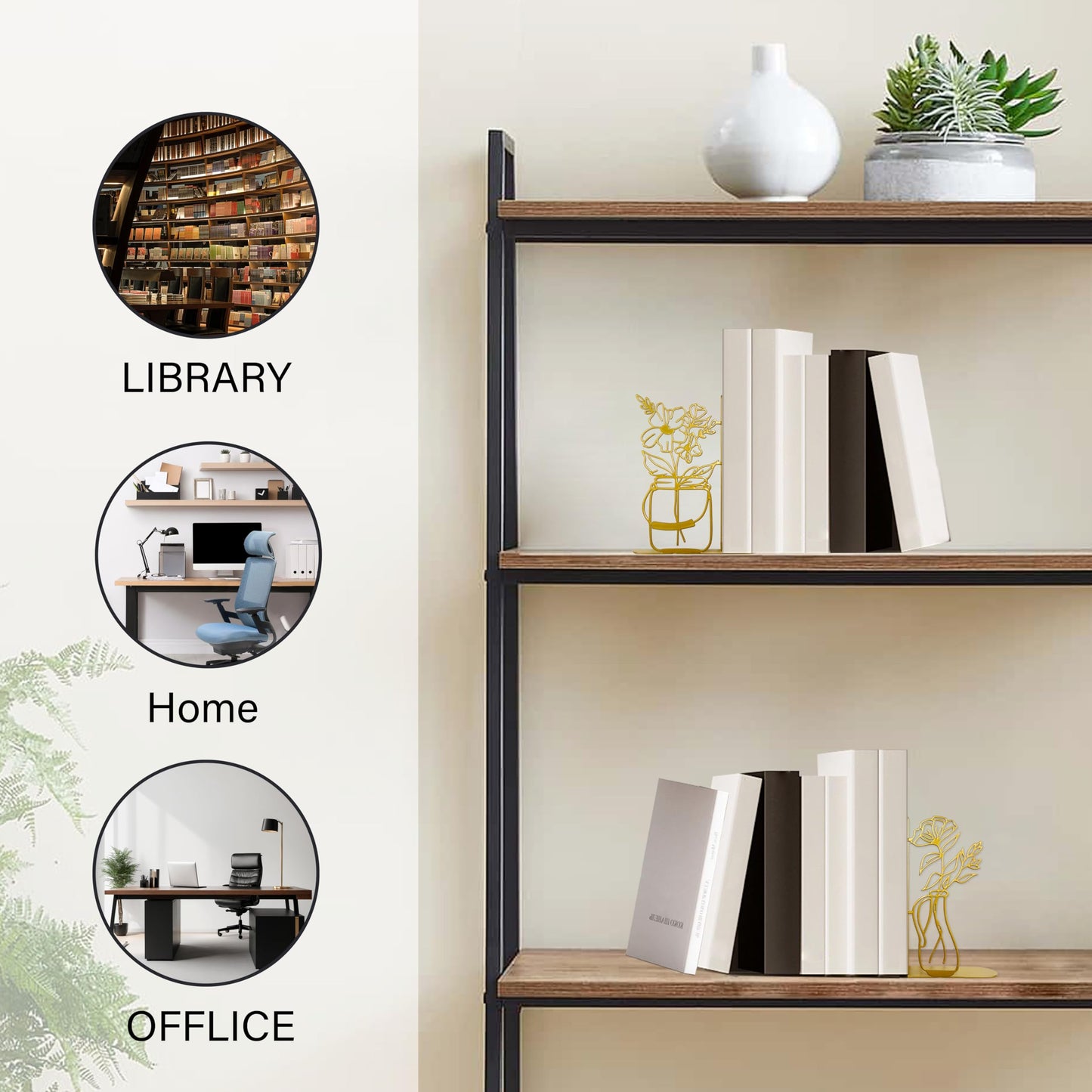 Metal Flower Vase Book Ends, Cute Book Ends for Office Home Decor Decorative Book Ends for Shelves, Ideal Gift for Book Lovers(Gold)