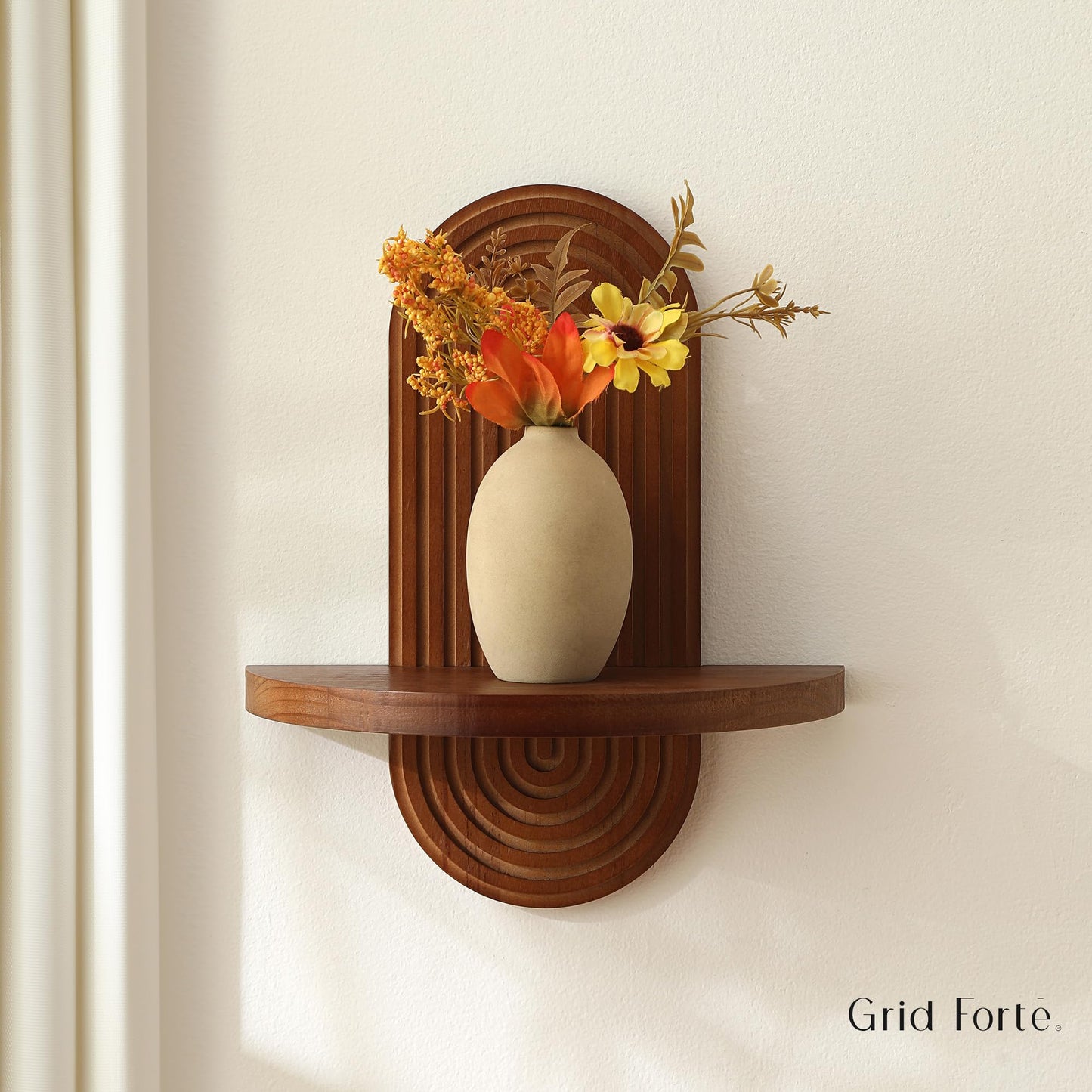GRID FORTE Modern Wall Shelf (Set of 2) with Arched Wood Design Mid-Century Single Floating Rainbow Shelves for Indoor Decoration Holding Planter Ornaments, 14 x 11.6 Inch (Walnut)