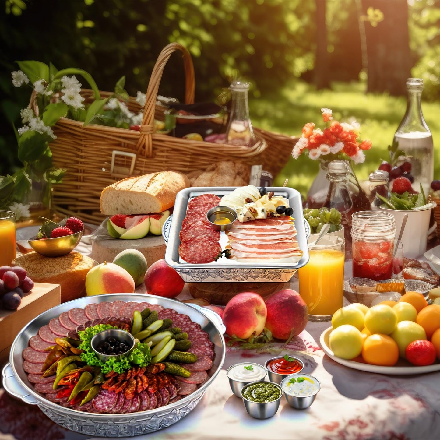 Baderke 4 Set 11.8" + 9" Chilled Serving Tray for Parties with Compartments Ice Chilled Party Platter Charcuterie Serving Board 1.7 oz Dipping Bowls with Tongs for Fruit Seafood Vegetable (Natural)