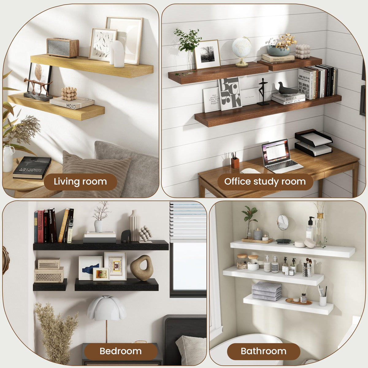 Axeman Square Floating Shelves for Wall, 8" W x 8" D x 1.4" H Rustic Wooden Wall Shelves, 4 Pack Wall Mounted Floating Shelf with Invisible Brackets for Living Room, Bathroom, Kitchen, Black Color