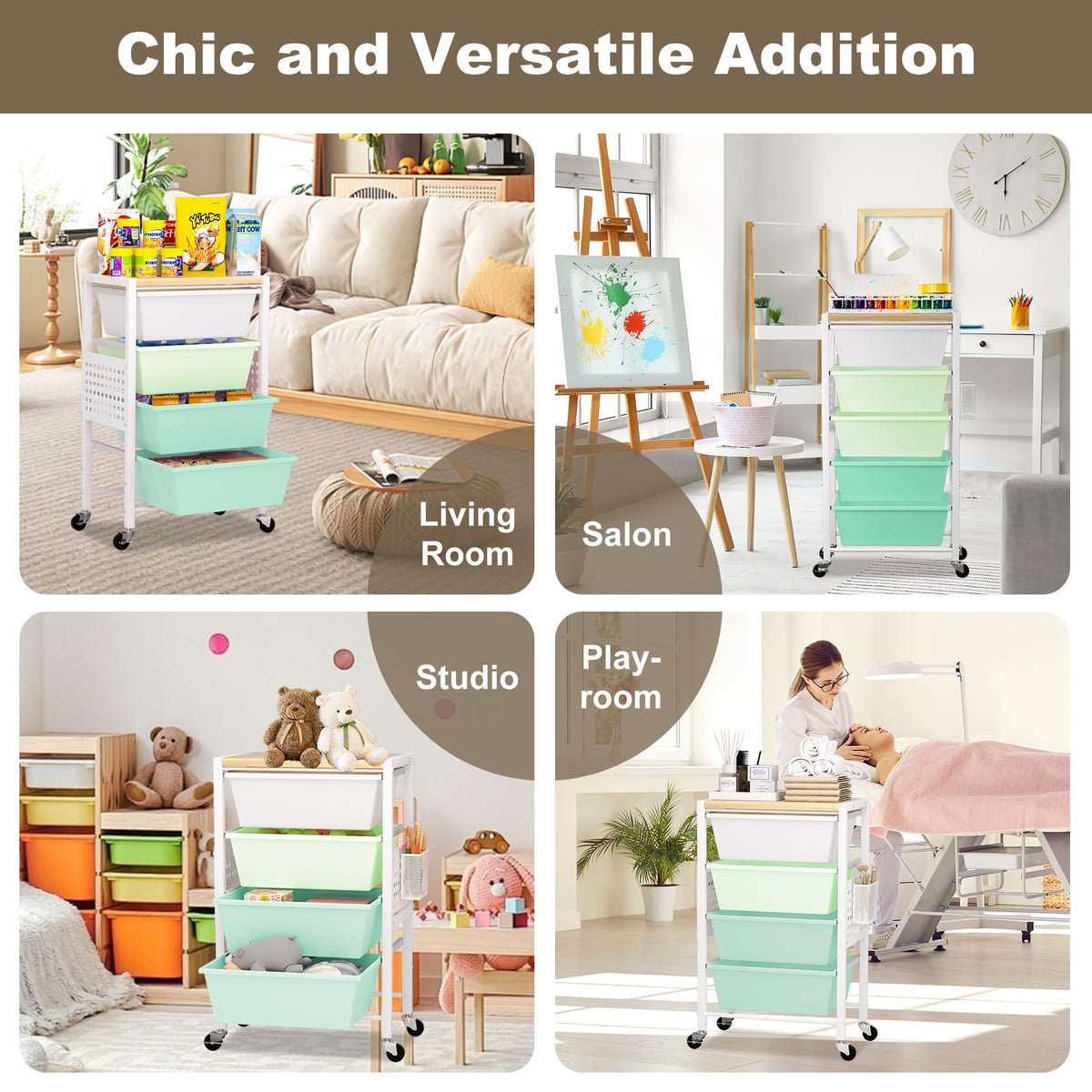 Rolling Cart with Drawers, Rolling Storage Cart with Large Plastic Drawers & Wooden Tabletop, Utility Cart with Pegboards & Basket, Storage Drawers Cart for Living Room, Classroom, Bedroom, Office