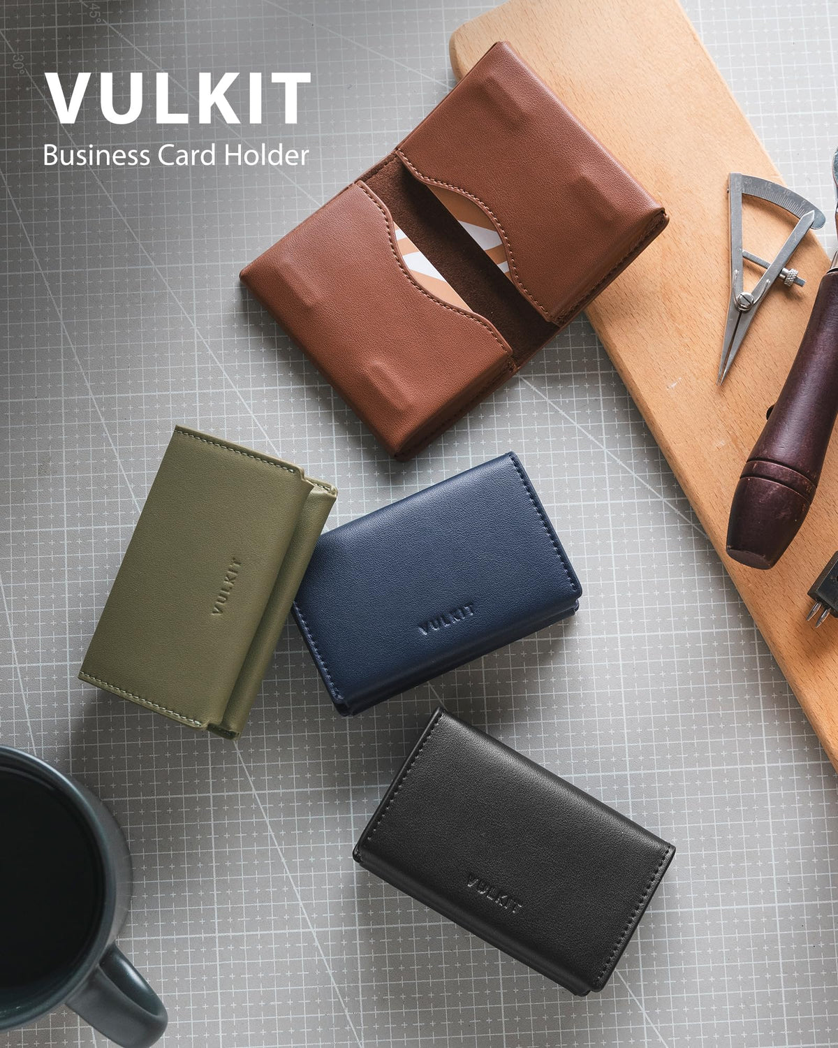 VULKIT Leather Business Card Holder, RFID Blocking, Magnetic Closure, 2 Big Slots Holds up to 40 Cards, Navy Blue