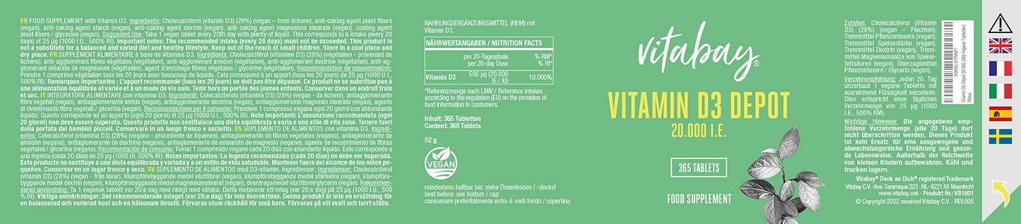 Vitabay Vitamin D3 20,000 IU - 365 high Dosage and time-Released Vitamin D Tablets - Vegan and Laboratory Tested