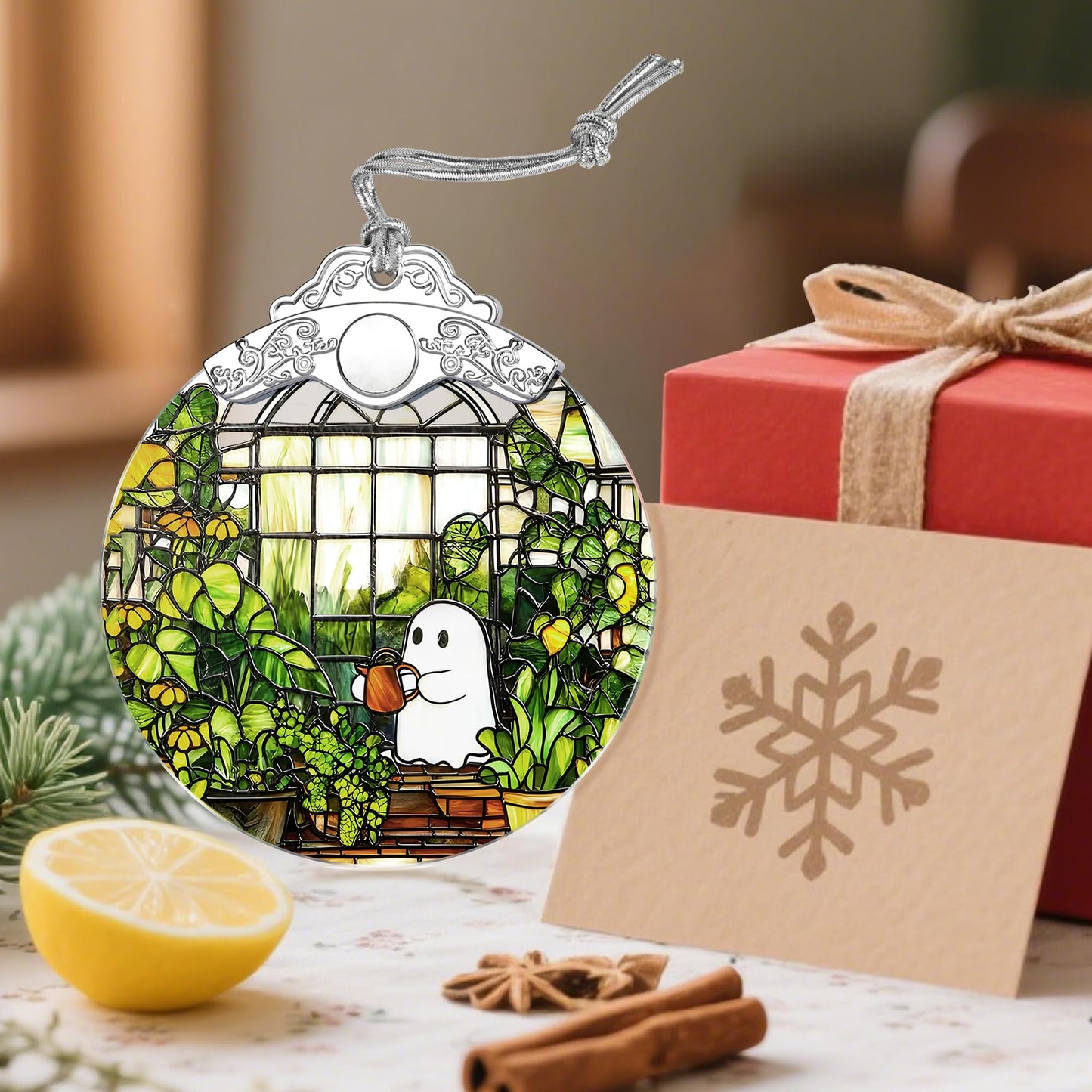 Halloween Ghost Ornament, Stained Glass Christmas Decorations, Christmas Ornaments for Tree, Holiday Ornament, Plant Lovers Gifts, Holiday Party Gifts, Gift Ideas & Xmas Gift