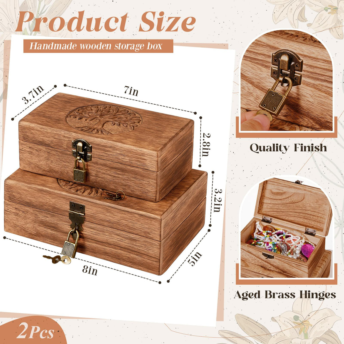 Vicenpal 2 Wooden Tree Keepsake Boxes with Lock, (8x5x3.2 inch & 7x3.7x2.8 inch), Handmade Decorative Treasure Chest Box, Gift Ideas for Men & Women Jewelry Rings Storage