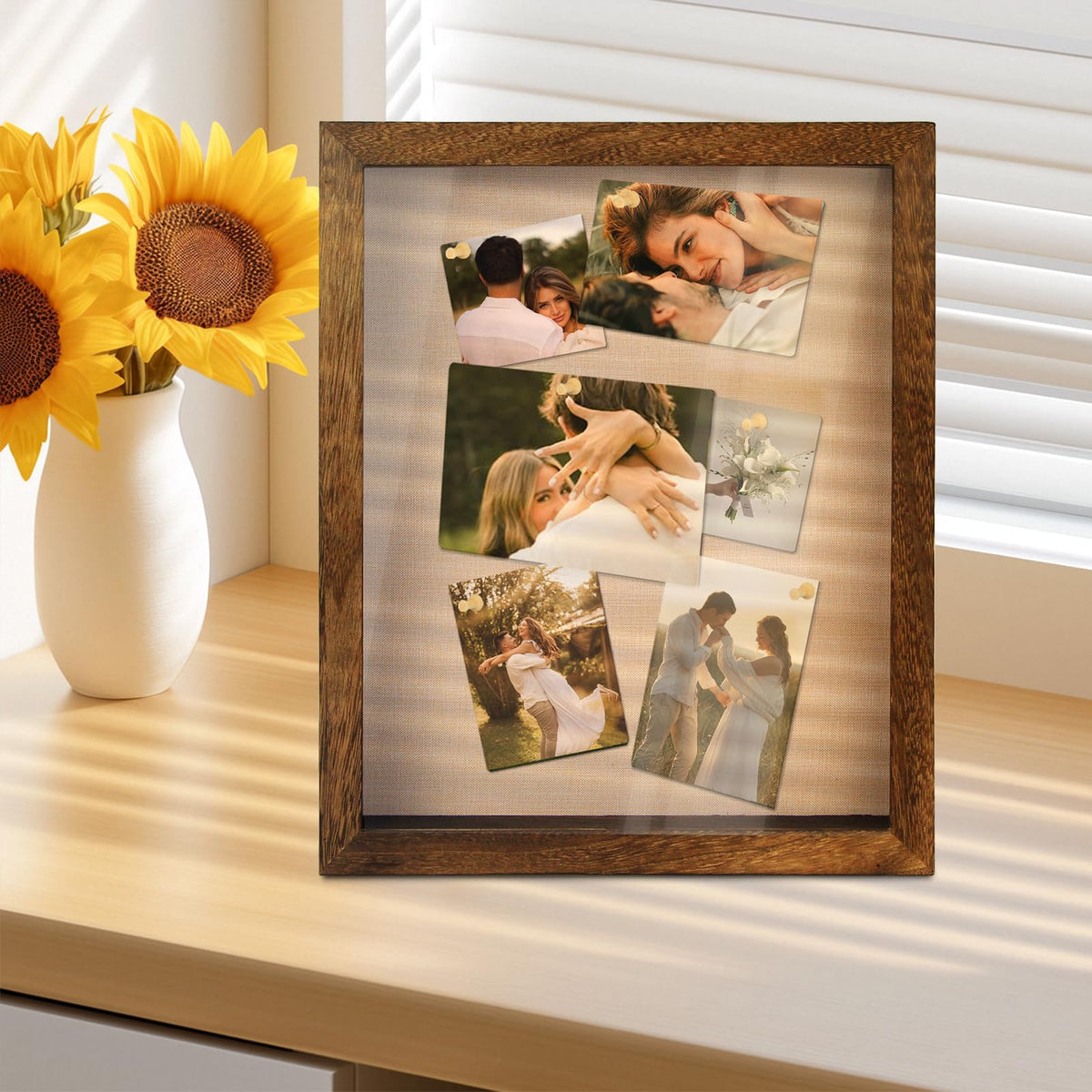 YEPOTUE Shadow Box Frame 11x14, Deep Shadow Box Display Case with Linen Back and Removable Shelves, Wooden Memory Box for Wedding Bouquet, Photos, Medals, Keepsakes (Brown)