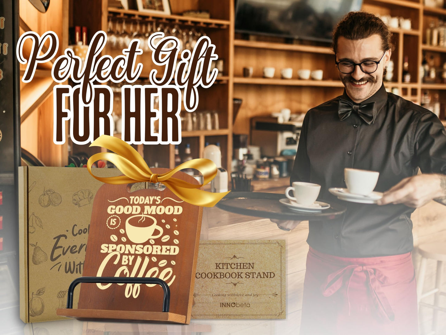InnoBeta Coffee Gifts for Women, Cookbook Stand for Kitchen Counter, Perfect Gifts for Coffee Lovers on Birthday, Adjustable Tablet Recipe Book Holder, Unique Kitchen & Cafe Decor