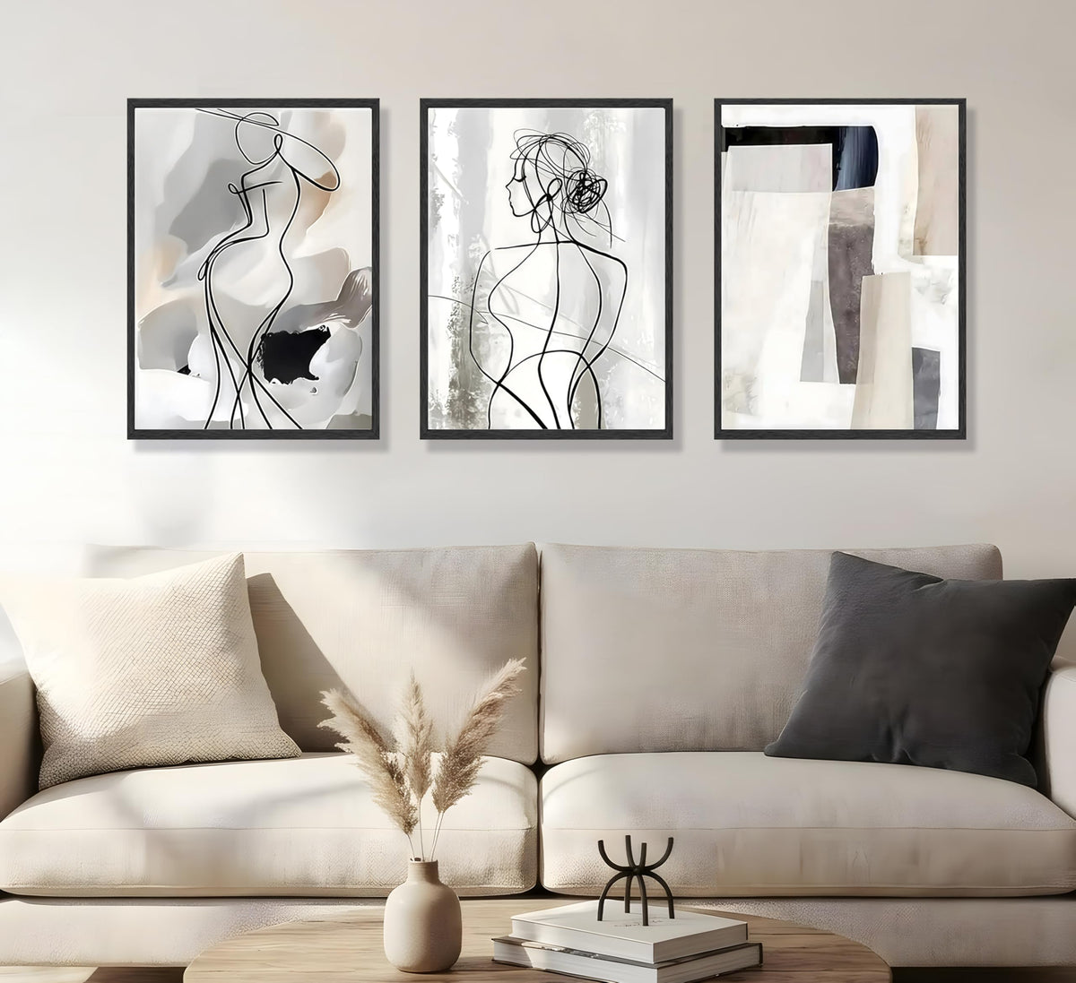 3pcs Black White Abstract Line Wall Art Female Figure Silhouette & Geometric Elements Pictures Posters Modern Minimalist Canvas Paintings Wall Decor For Living Room Bedroom Decoration Unframed