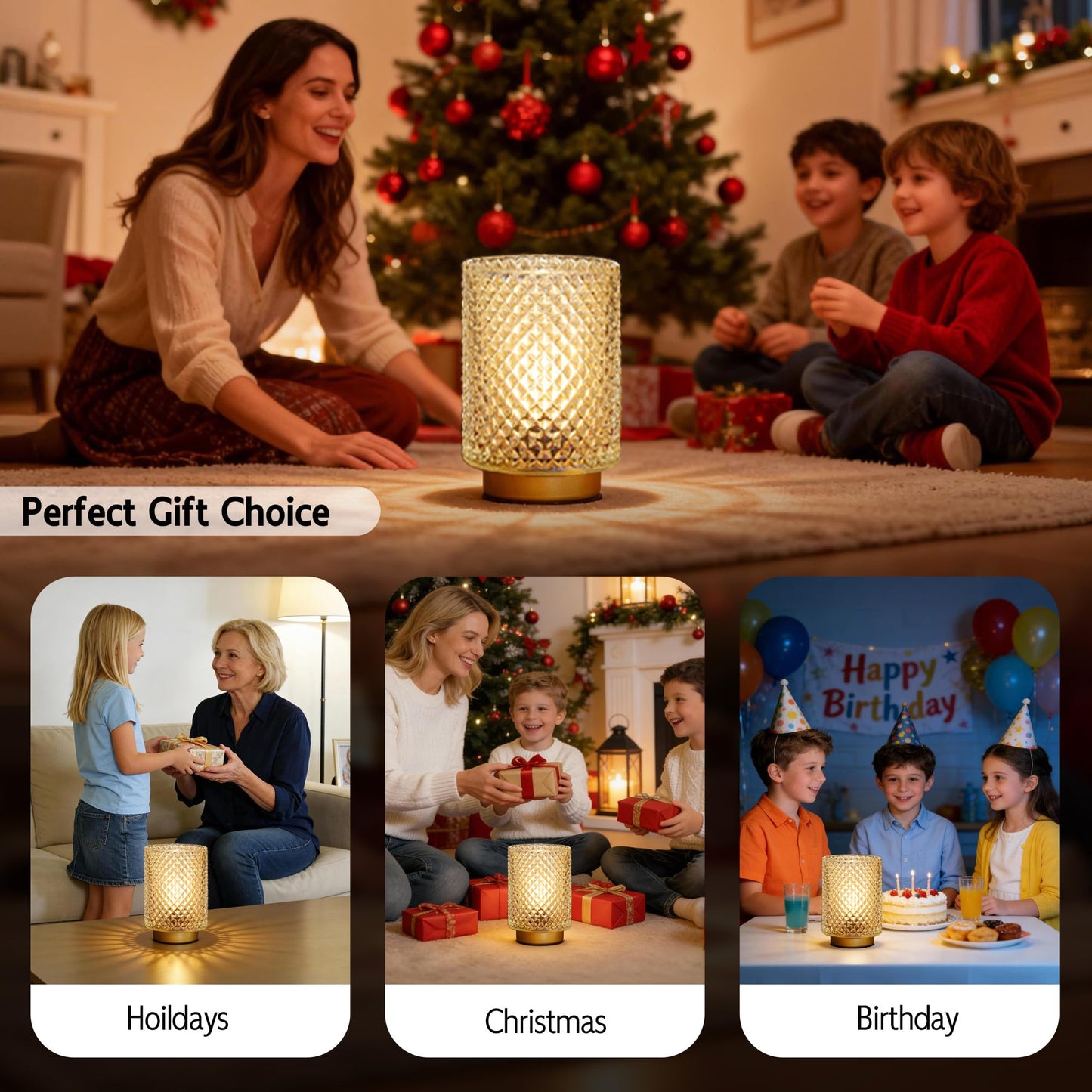 Battery Operated Lamp,Cordless Glass Accent Table Lamp with Timer for Bedside,Small Decorative Lamp with Warm White LED Bulb for Nightstand/Bookshelf/Entryway/Tabletop/Counter Decor(Iridescent Clear)