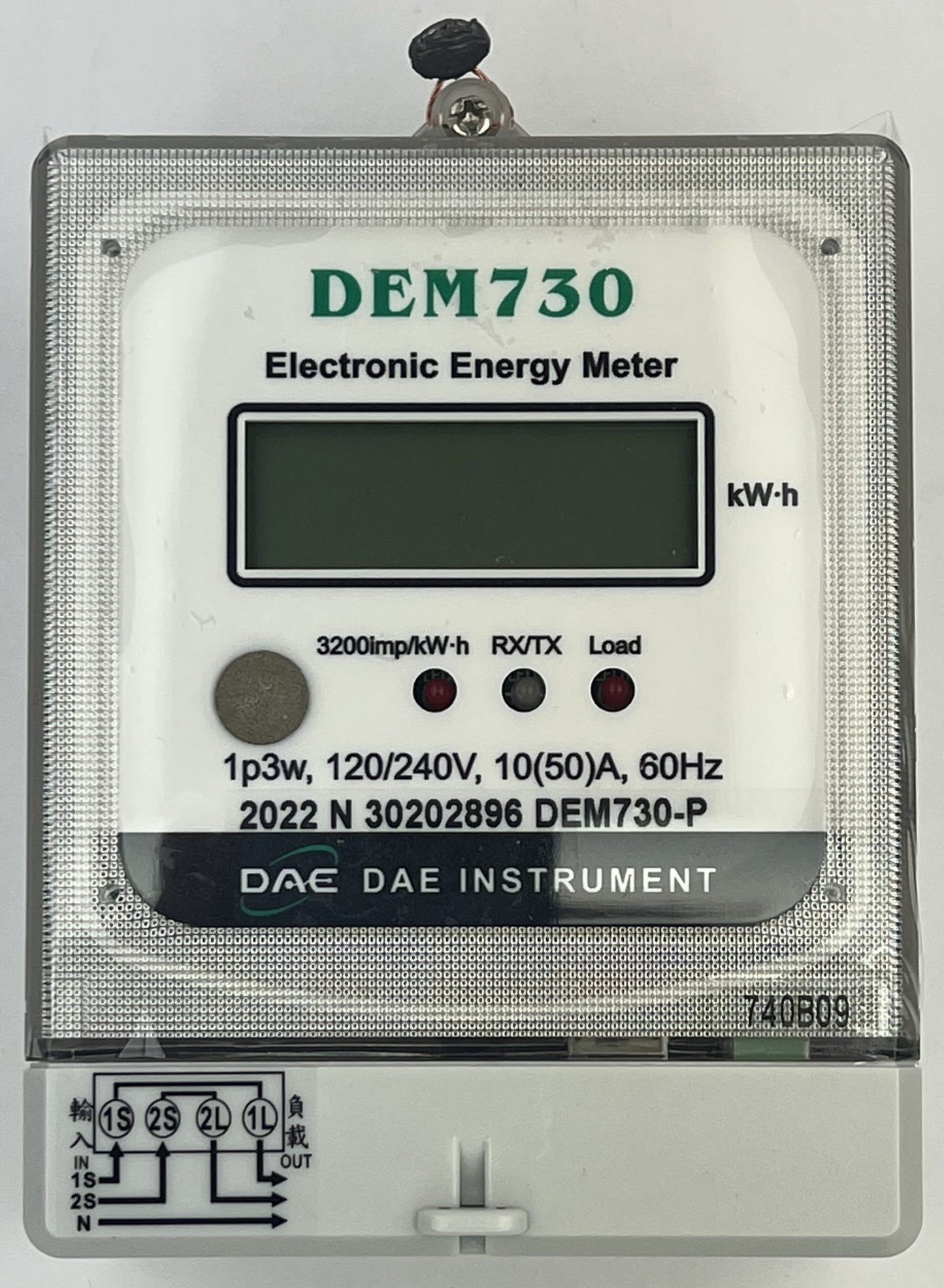 DAE DEM730P Electric kWh Submeter, RS485, 1P3W (2 Hot wire, 1 Neutral), 120/240V, 50A, Internal CT