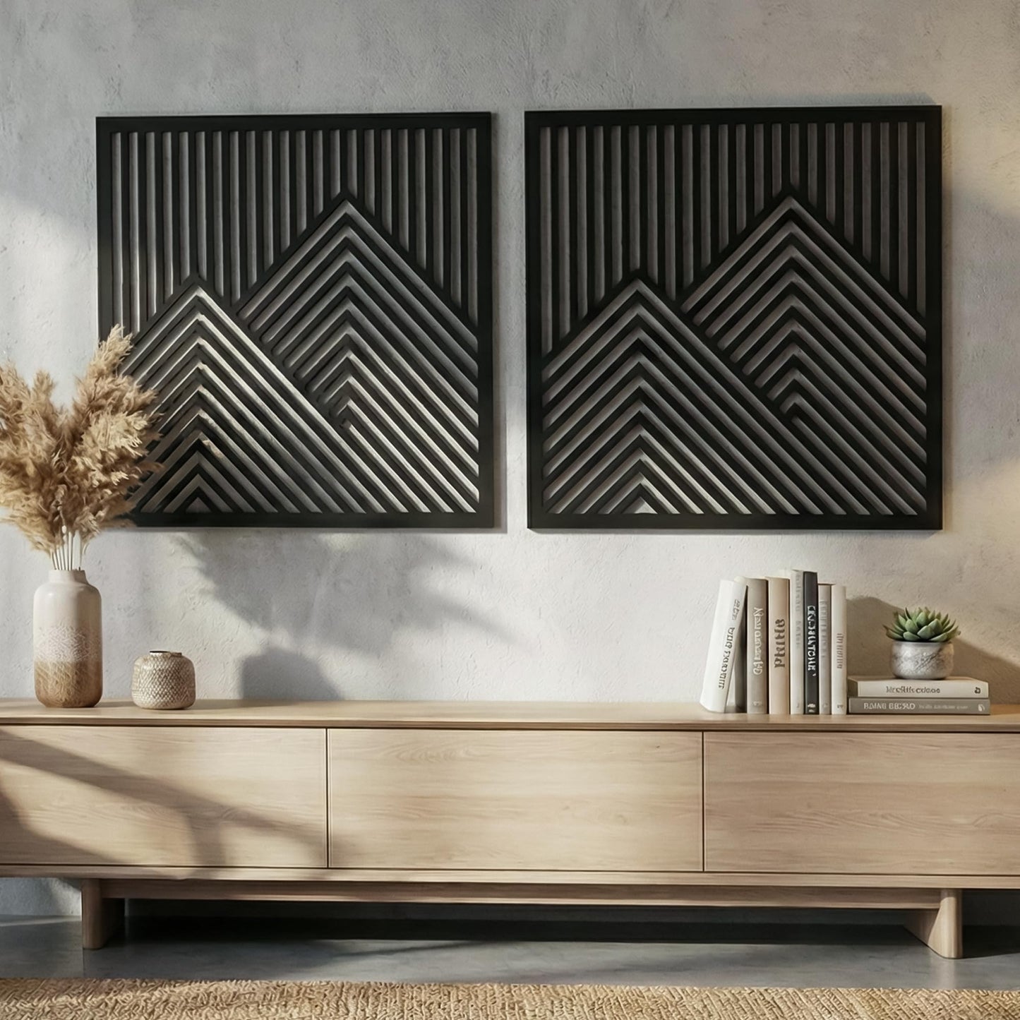 River's Edge Essentials Wood Mountain Wall Art Set of 2 – Large Wooden Wall Decor Panels, Modern Black Geometric Mountain Wall Art for Living Room or Bedroom, 21.5” x 21.5”
