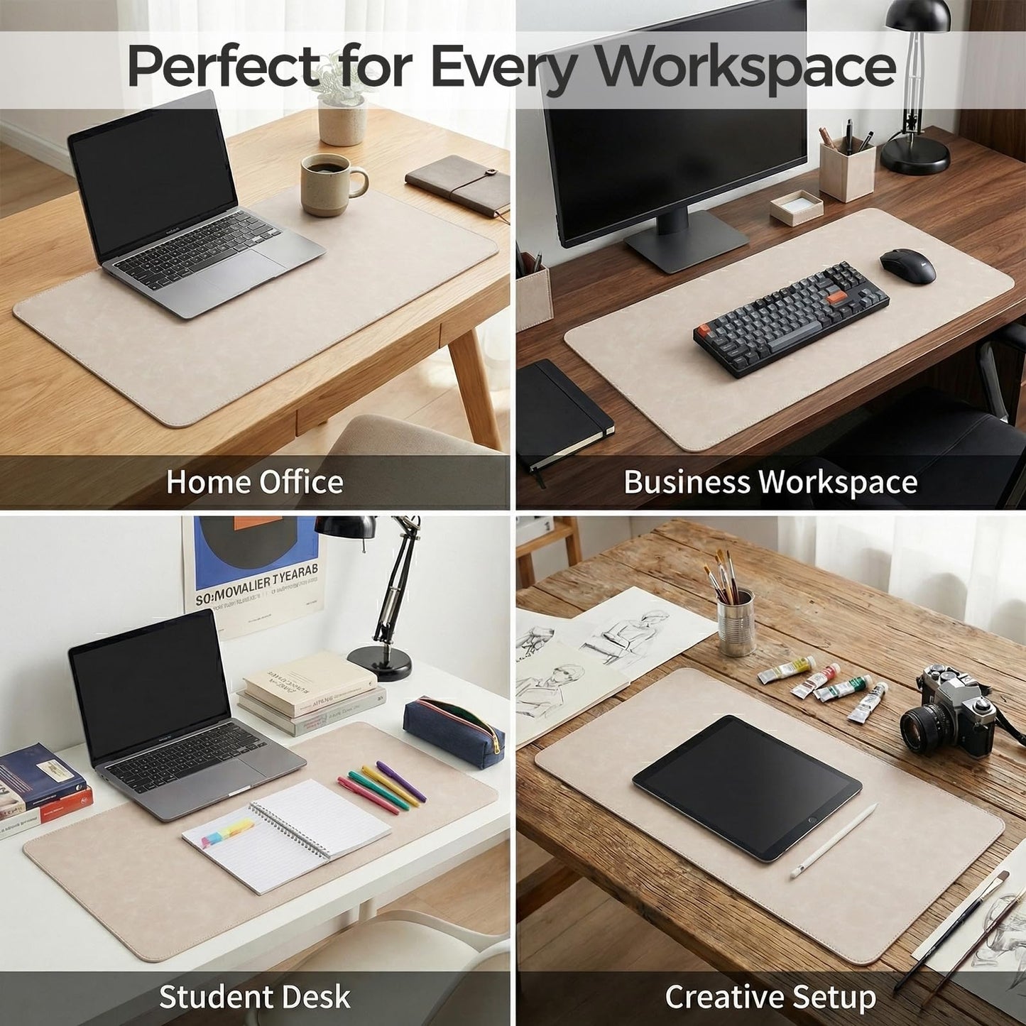 Premium Faux Leather Desk Mat & Tray Set,Innovative Cork-Look Printed Base,Gift Tube Packaging,Full-Desk Coverage,Non-Slip Desk Pad for Office Home(Warm Beige)