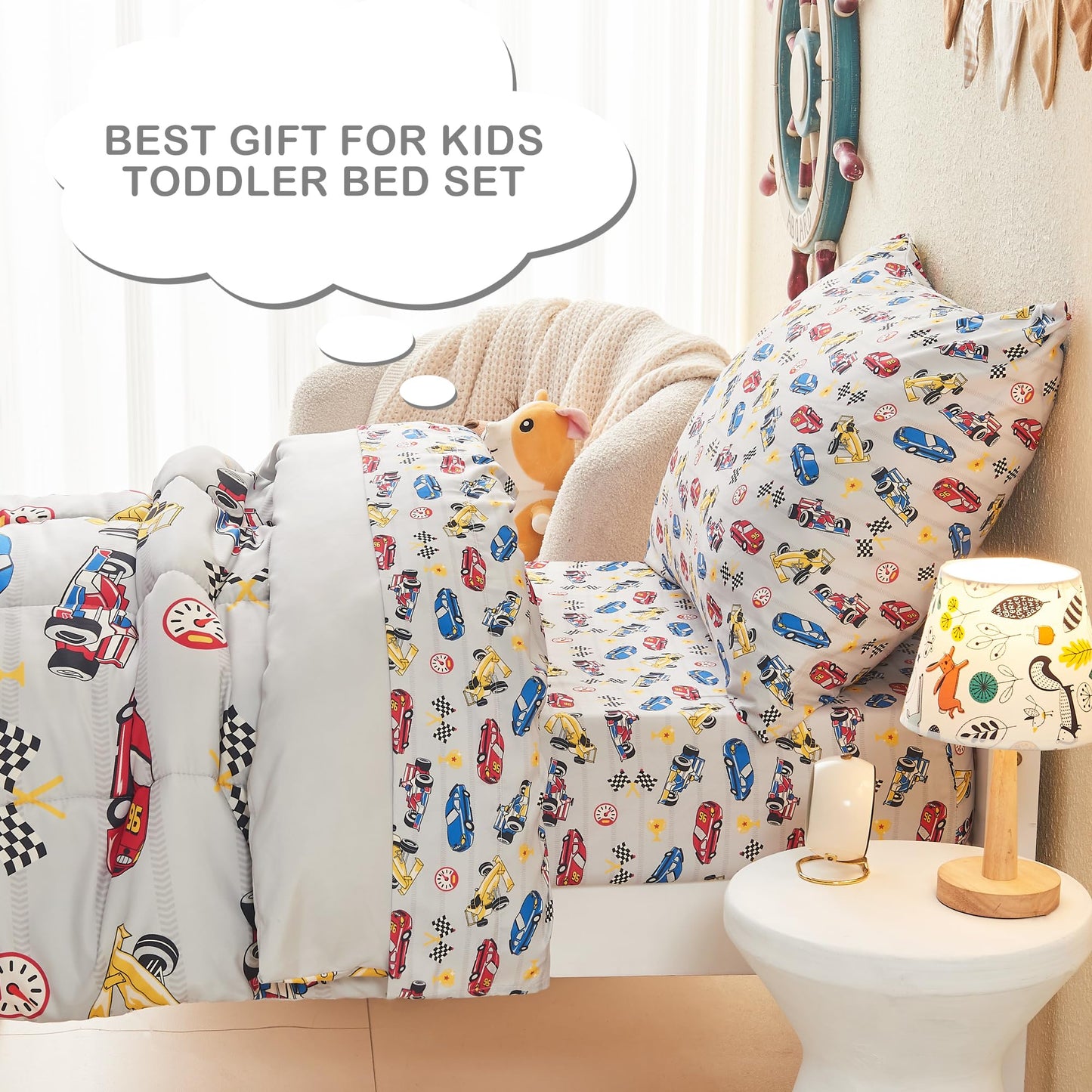Mooreeke 4 Pieces Toddler Bedding Set - Soft Race Cars Toddler Comforter Sets for Girls, Includes Quilted Comforter, Flat Sheet, Fitted Sheet and Pillowcase, Bed in A Bag for Baby Bedroom
