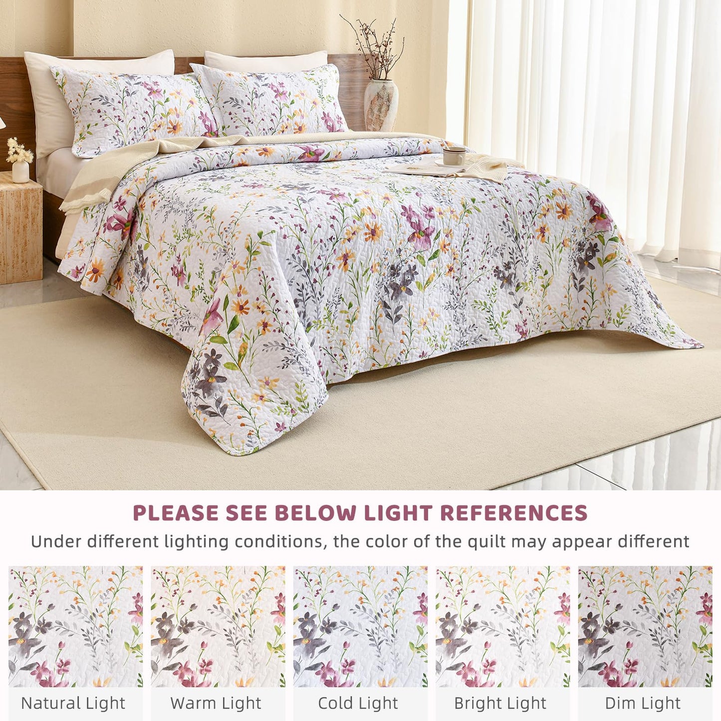 Sanracie 100% Cotton Quilt Queen Size(90"x98")-Floral Quilted Bedspreads Set,3pcs Yellow Wild Flower Botanical Printed Pattern Quilt Bedding Coverlet Summer Soft Lightweight Aesthetic Bedding