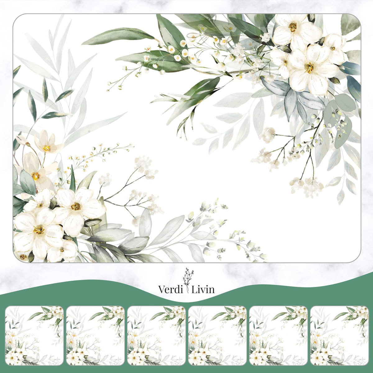 Verdi Livin Cork Placemats Set of 6 Matching Coasters I Heat Resistant Place Mats for Dining Table 16" x 12", Cork Backed, Wipeable White Lily Design